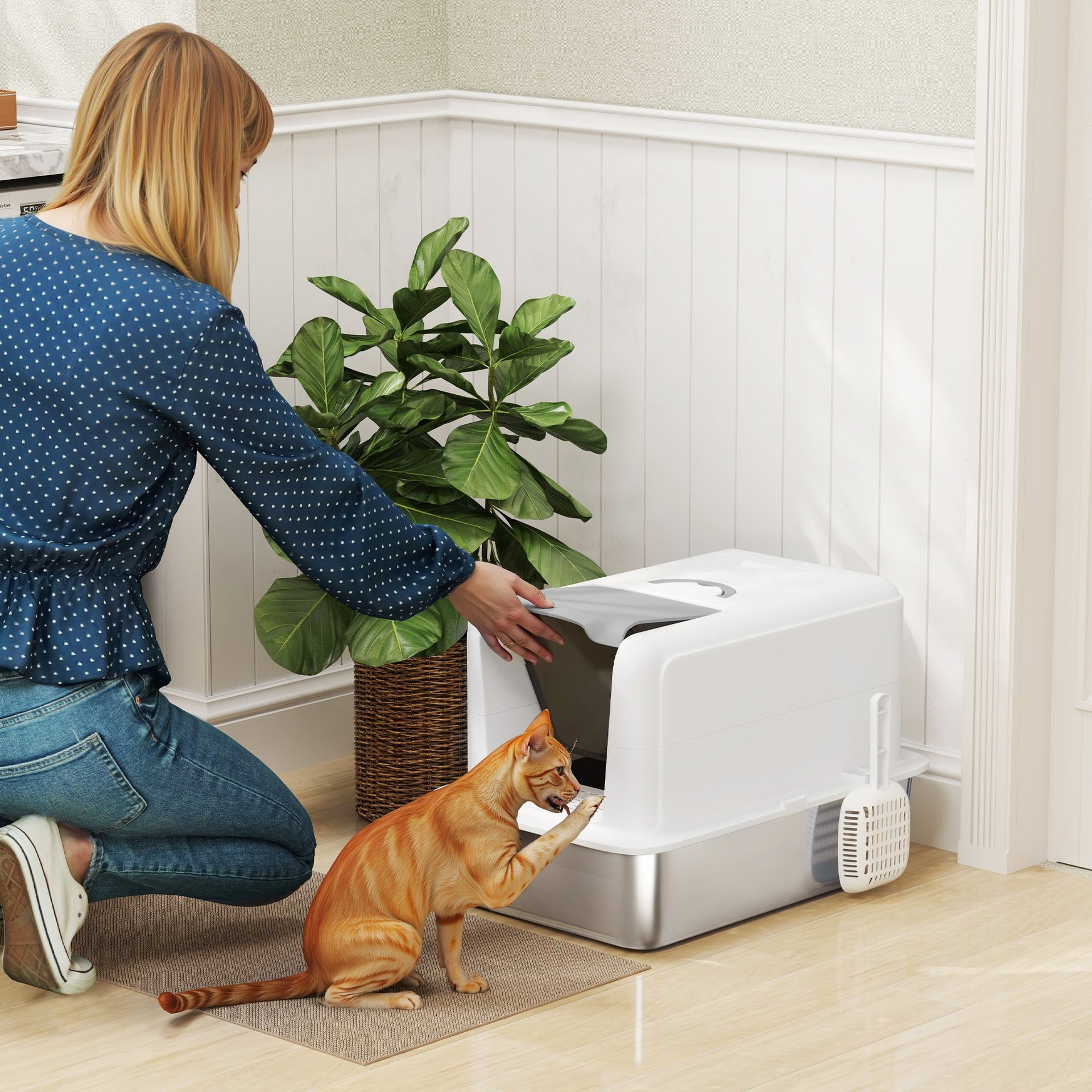 PawHut 2 in 1 Stainless Steel Cat Litter Box with Removable Lid, Scoop, Filter Bags, for Small to Large Cats, White