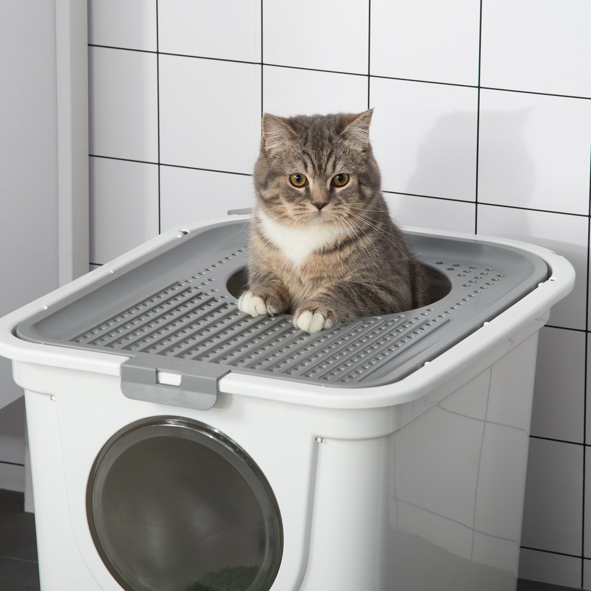 PawHut Covered Cat Litter Box, Easy Cleaning Kitty Litter Box with Front Entrance, Top Exit, Scoop, for Odor Control, White