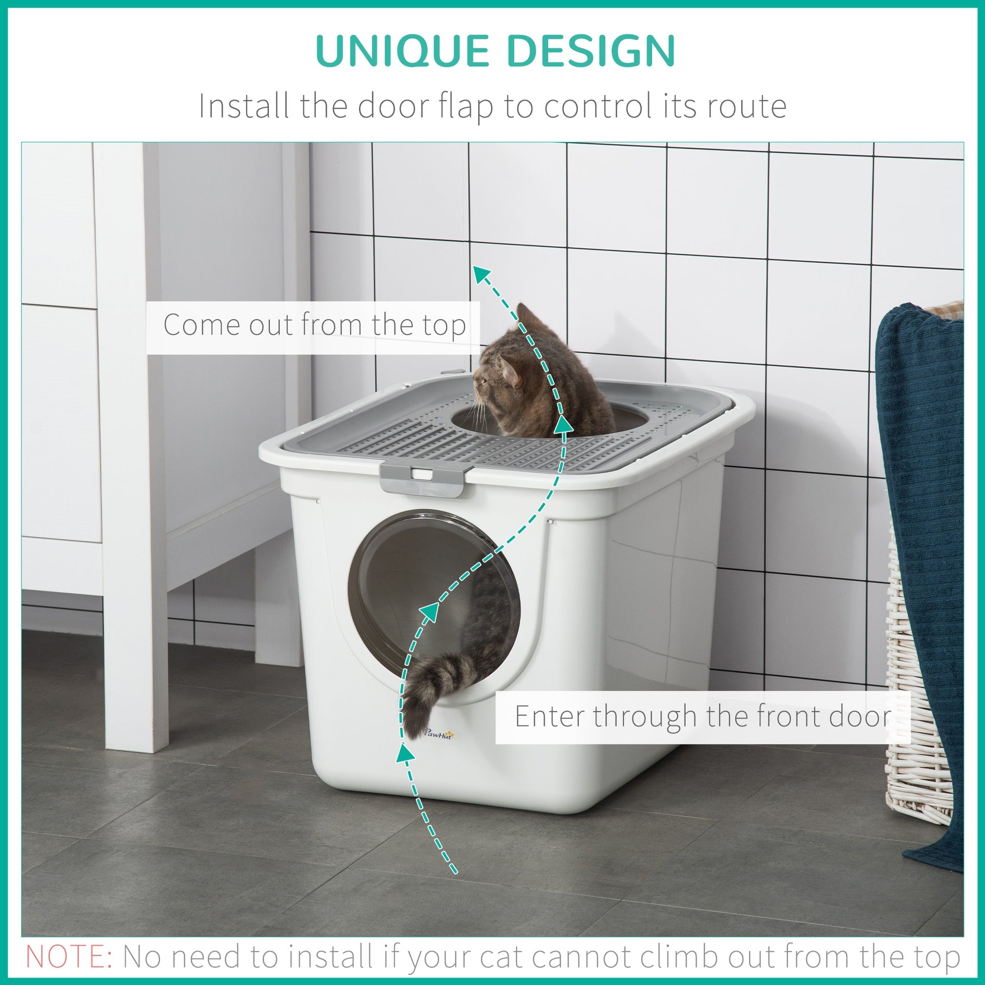 PawHut Covered Cat Litter Box, Easy Cleaning Kitty Litter Box with Front Entrance, Top Exit, Scoop, for Odor Control, White
