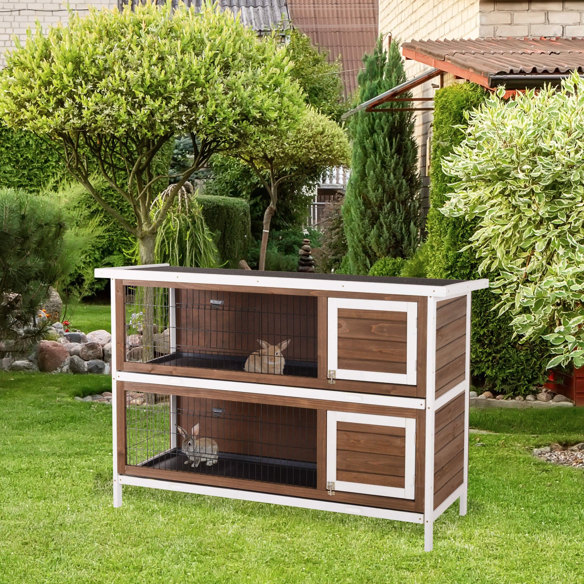 PawHut Wooden Rabbit Hutch w/ Dividers Asphalt Roof for Small Animals & Outdoors, Brown
