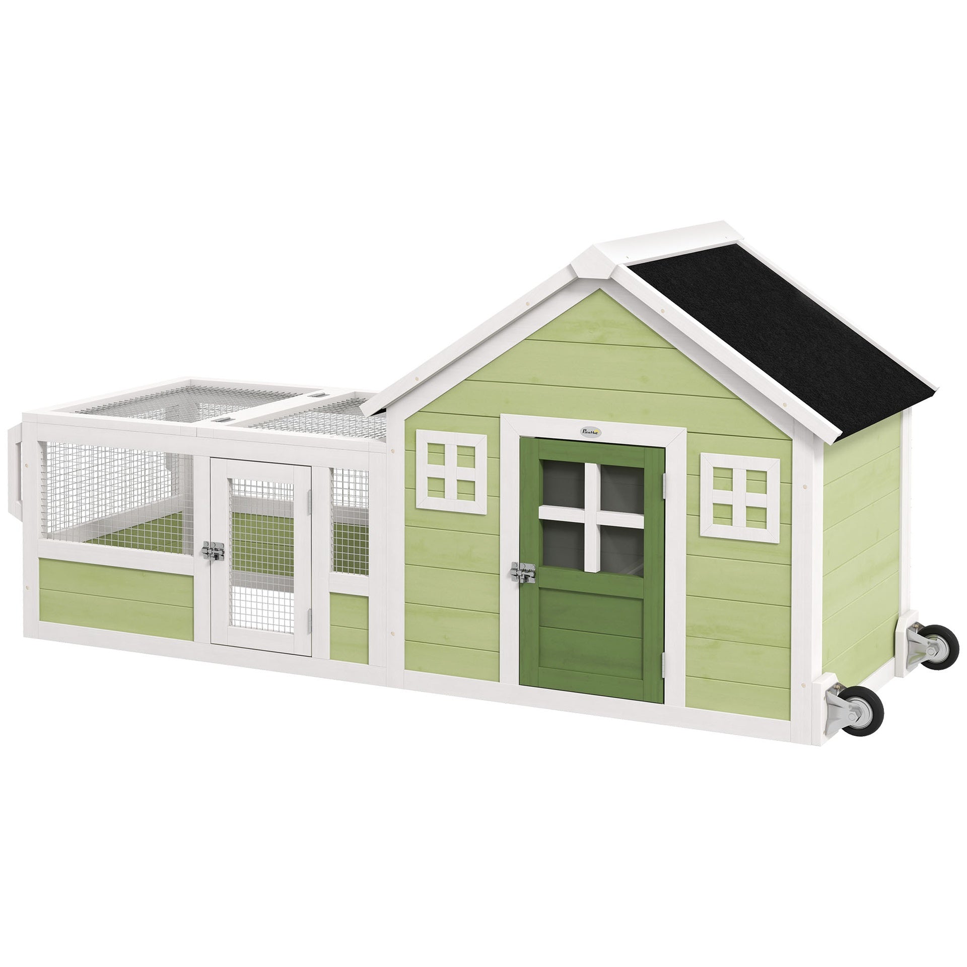 PawHut 64 Inch Rabbit Hutch with Asphalt Roof, Handle, Wheels, Multicolo