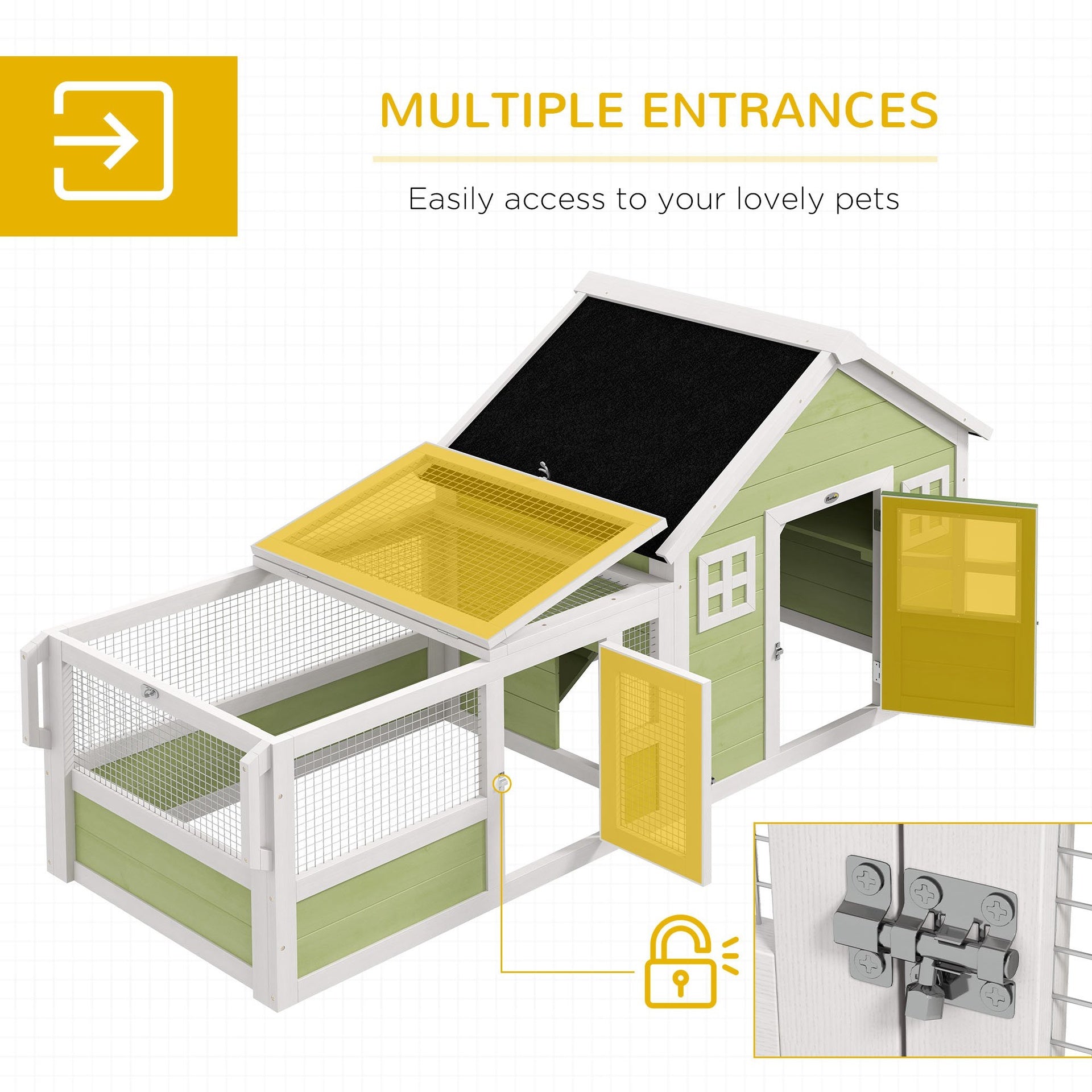 PawHut 64 Inch Rabbit Hutch with Asphalt Roof, Handle, Wheels, Multicolo