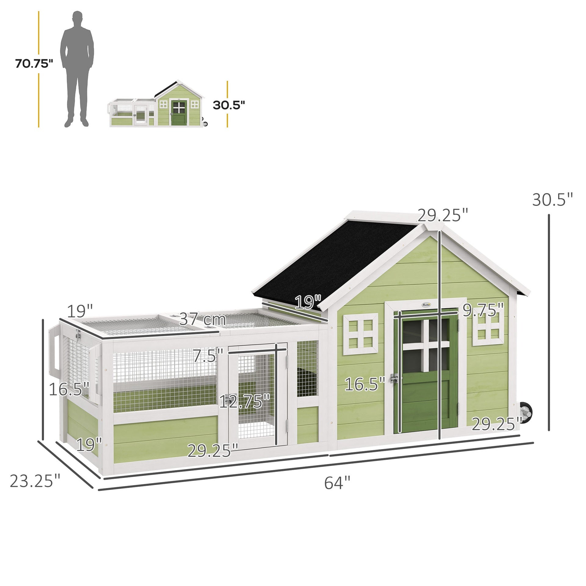 PawHut 64 Inch Rabbit Hutch with Asphalt Roof, Handle, Wheels, Multicolo