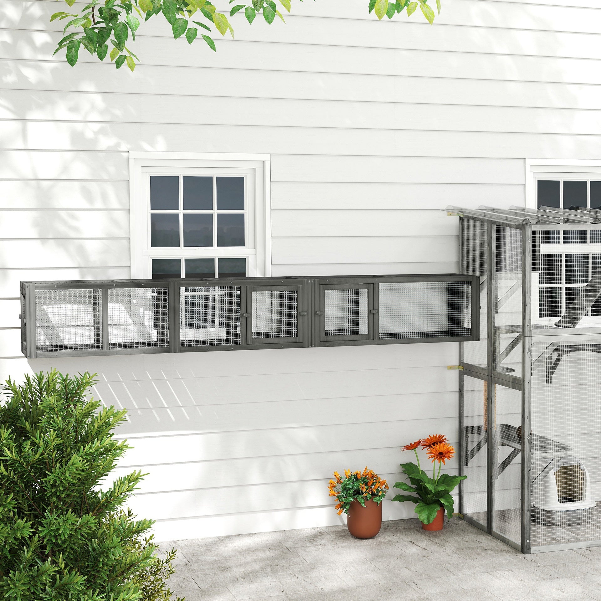 PawHut Wooden 98" Cat Tunnel for Outdoor with Combinable Design, 8 Doors, Dark Gray