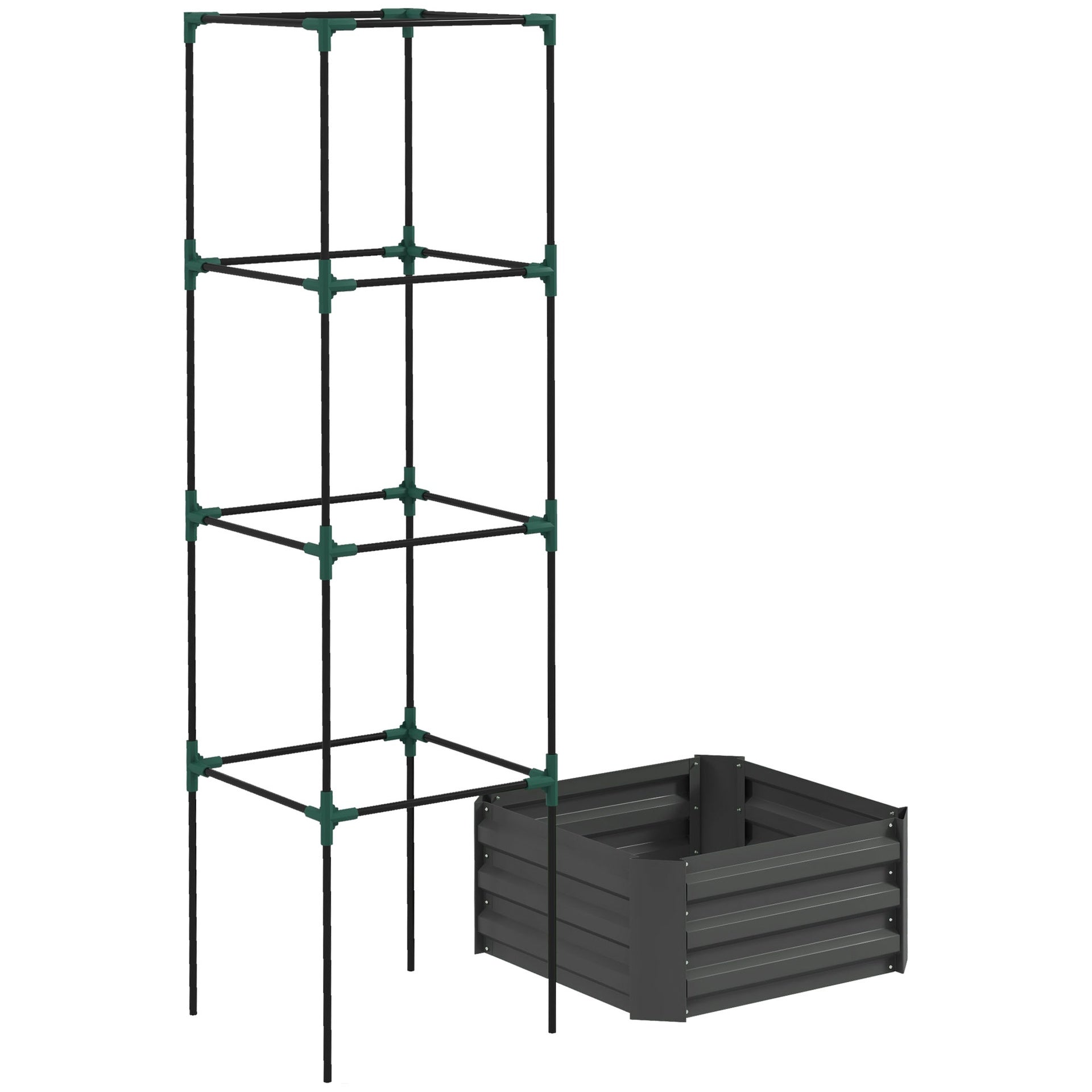 Outsunny Galvanized Planter Box, 24" x 24" x 73.5" Raised Garden Bed with Tomato Cage for Climbing Vines, Dark Gray