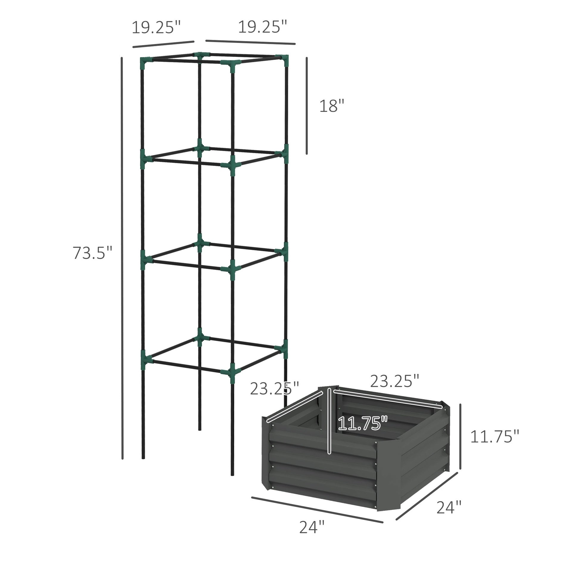 Outsunny Galvanized Planter Box, 24" x 24" x 73.5" Raised Garden Bed with Tomato Cage for Climbing Vines, Dark Gray