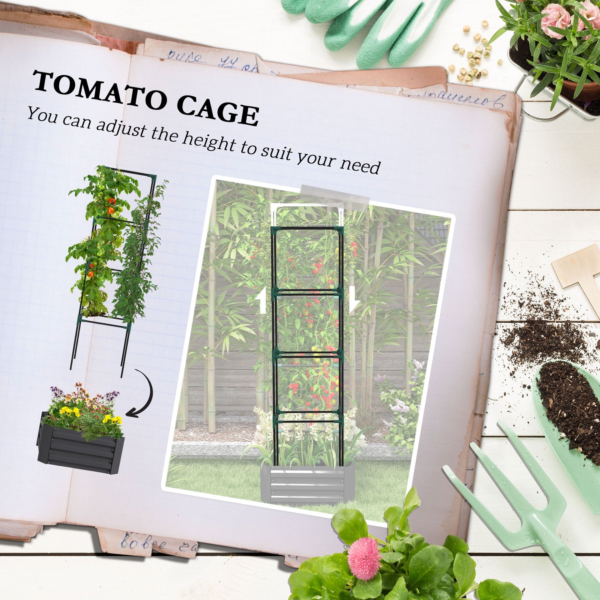 Outsunny Galvanized Planter Box, 24" x 24" x 73.5" Raised Garden Bed with Tomato Cage for Climbing Vines, Dark Gray