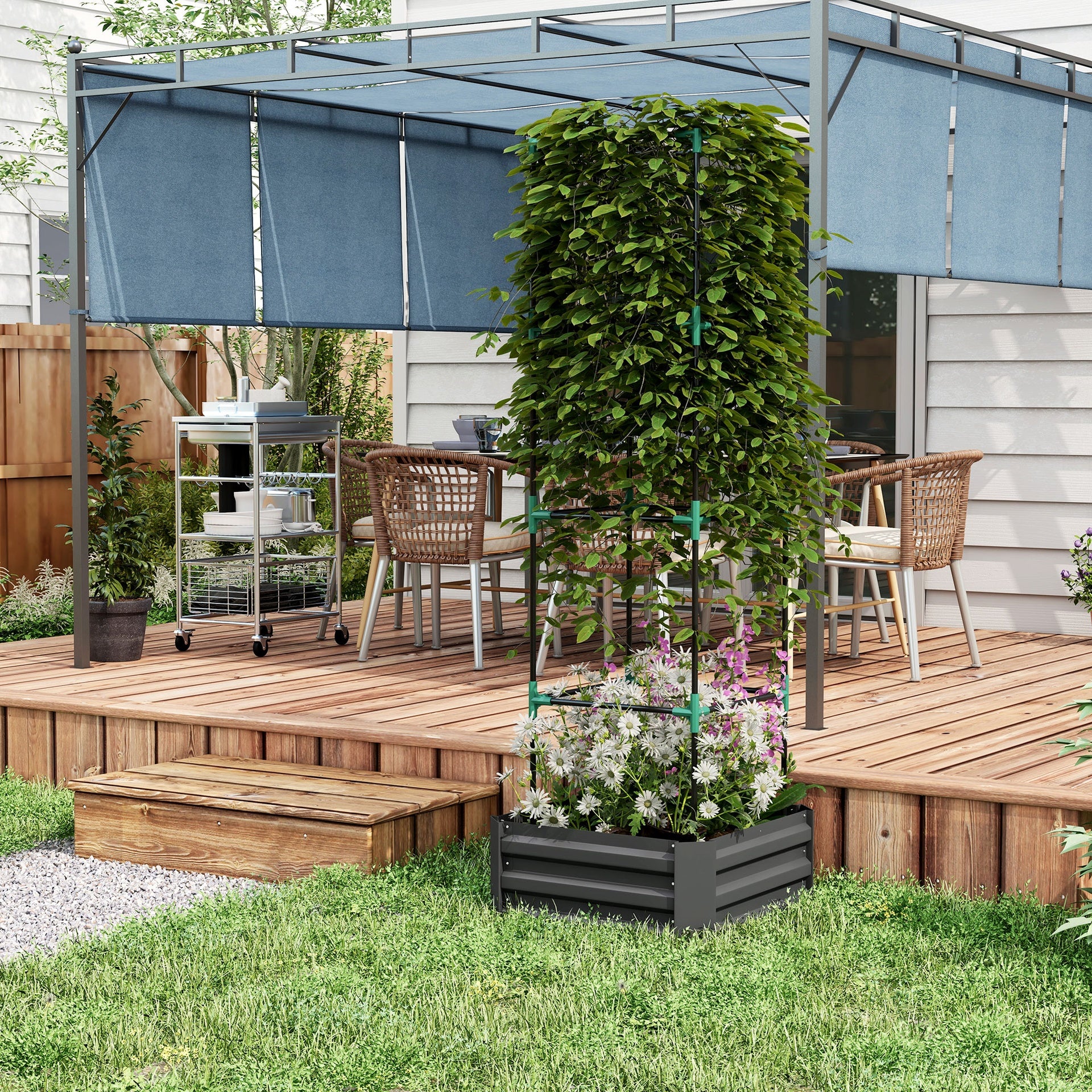 Outsunny Galvanized Planter Box, 24" x 24" x 73.5" Raised Garden Bed with Tomato Cage for Climbing Vines, Dark Gray
