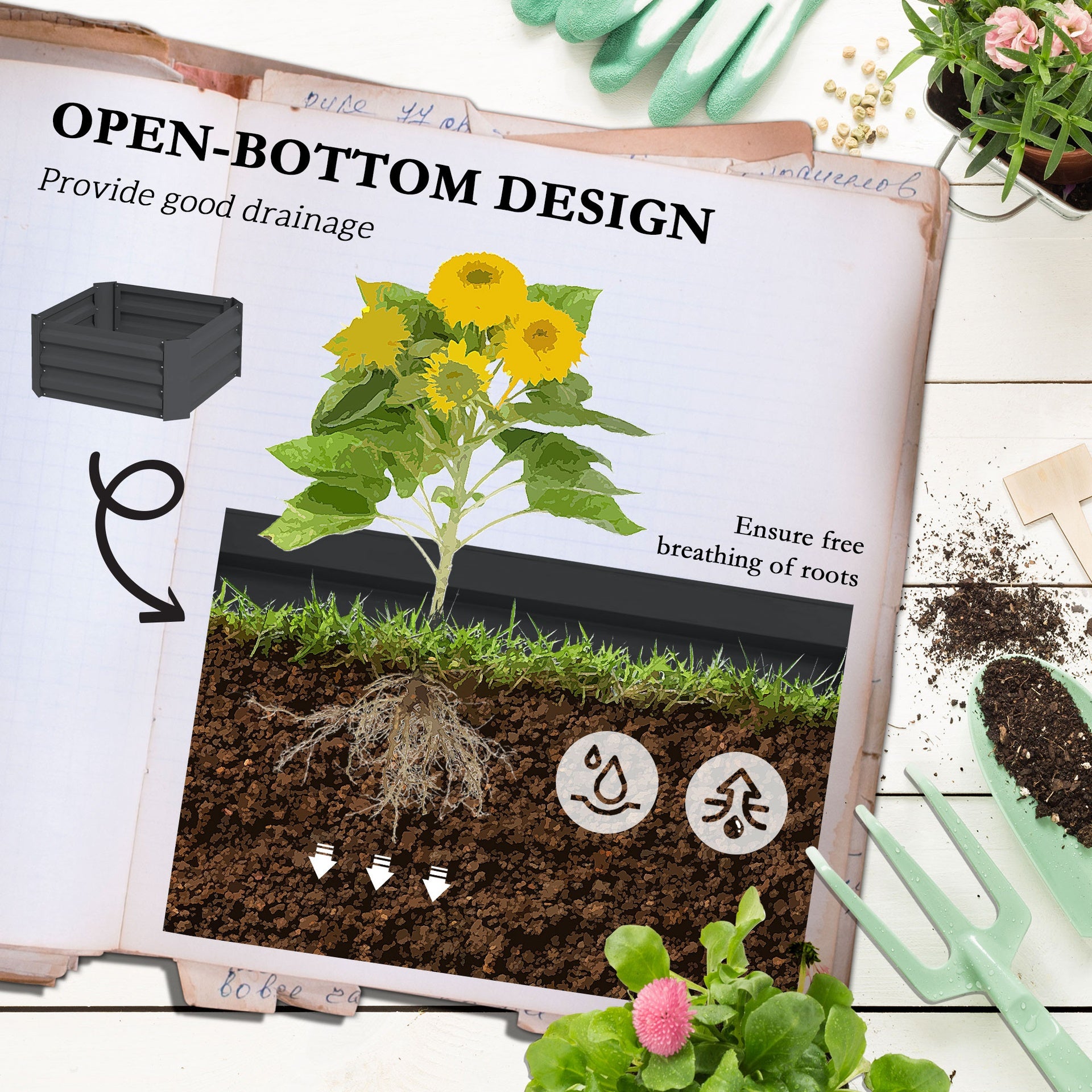 Outsunny Galvanized Planter Box, 24" x 24" x 73.5" Raised Garden Bed with Tomato Cage for Climbing Vines, Dark Gray