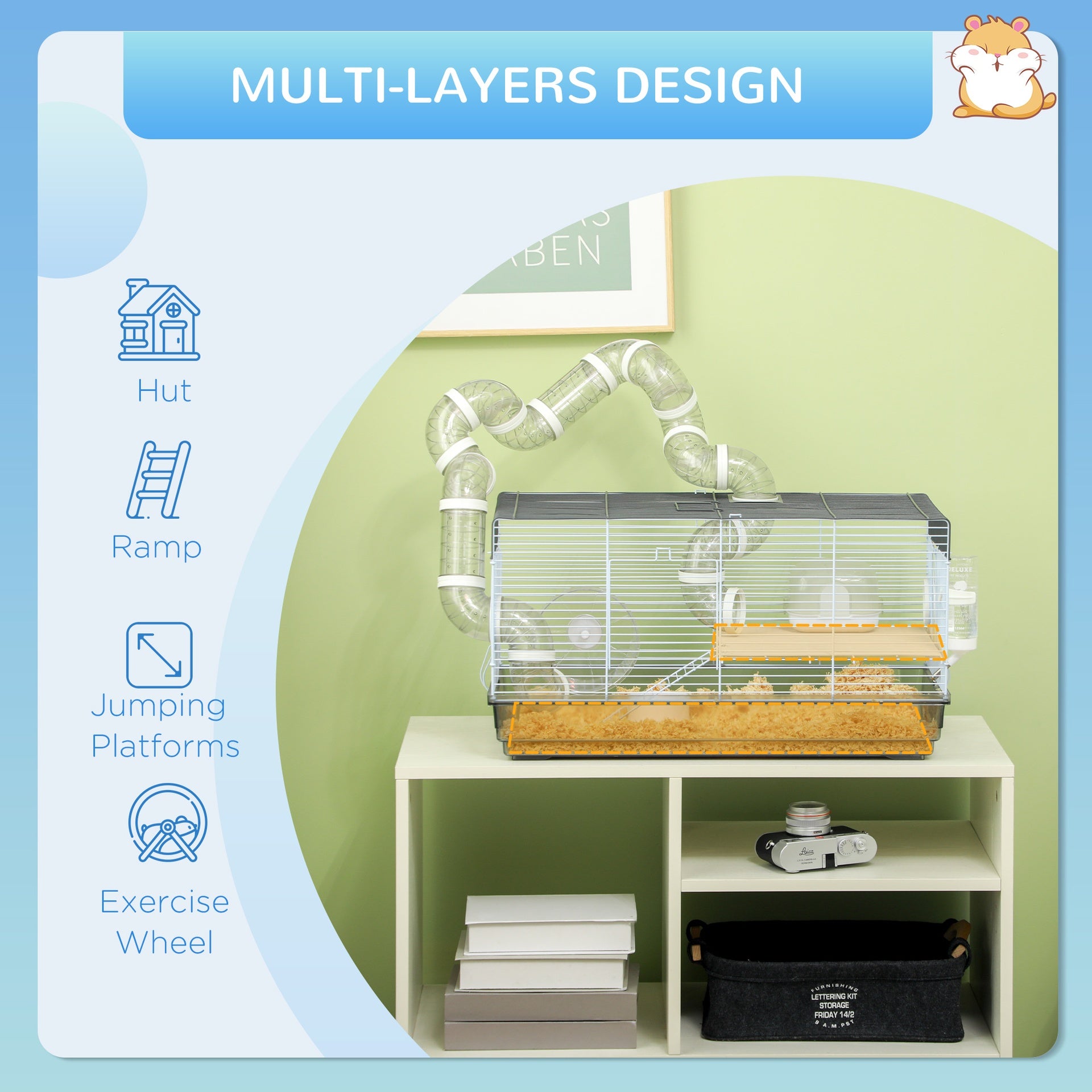 PawHut Small Animal Cage for Gerbil or Dwarf Hamster w/ Tubes, Exercise Wheel, Food Dish, Water Bottle, 23" x 13" x 12", Gray