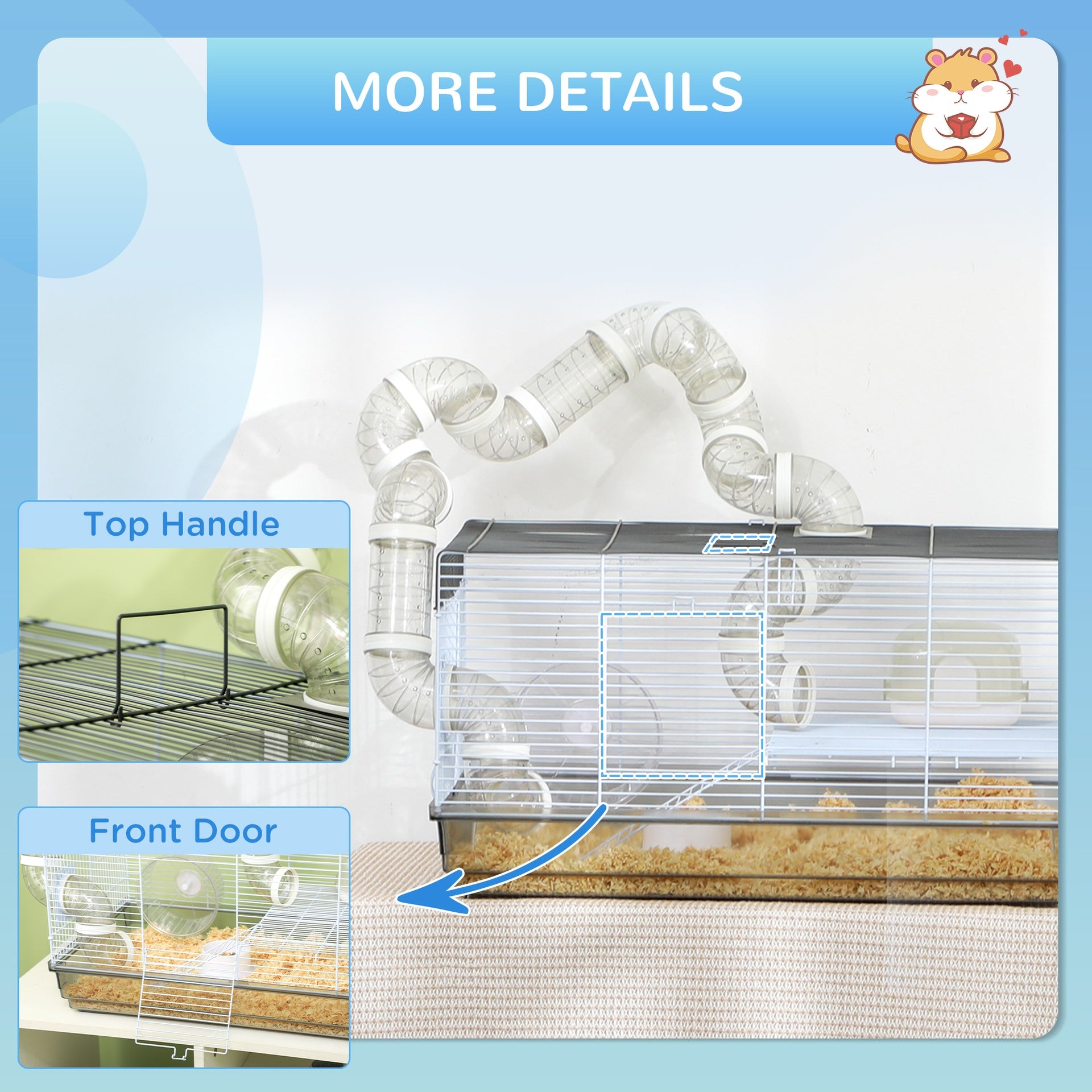 PawHut Small Animal Cage for Gerbil or Dwarf Hamster w/ Tubes, Exercise Wheel, Food Dish, Water Bottle, 23" x 13" x 12", Gray