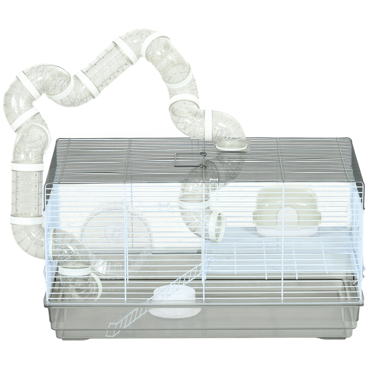 PawHut Small Animal Cage for Gerbil or Dwarf Hamster w/ Tubes, Exercise Wheel, Food Dish, Water Bottle, 23" x 13" x 12", Gray