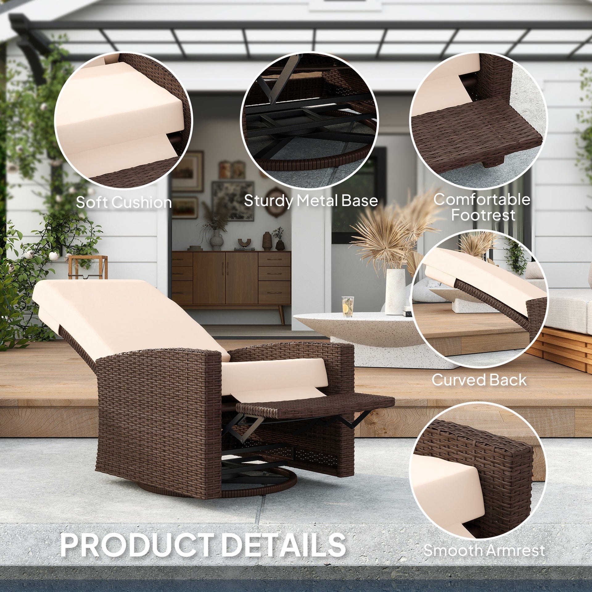 Outsunny Outdoor Wicker Swivel Recliner Chair, Lifting Footrest, 360° Rotating Basic, Water-resistant Cushions, Cream White