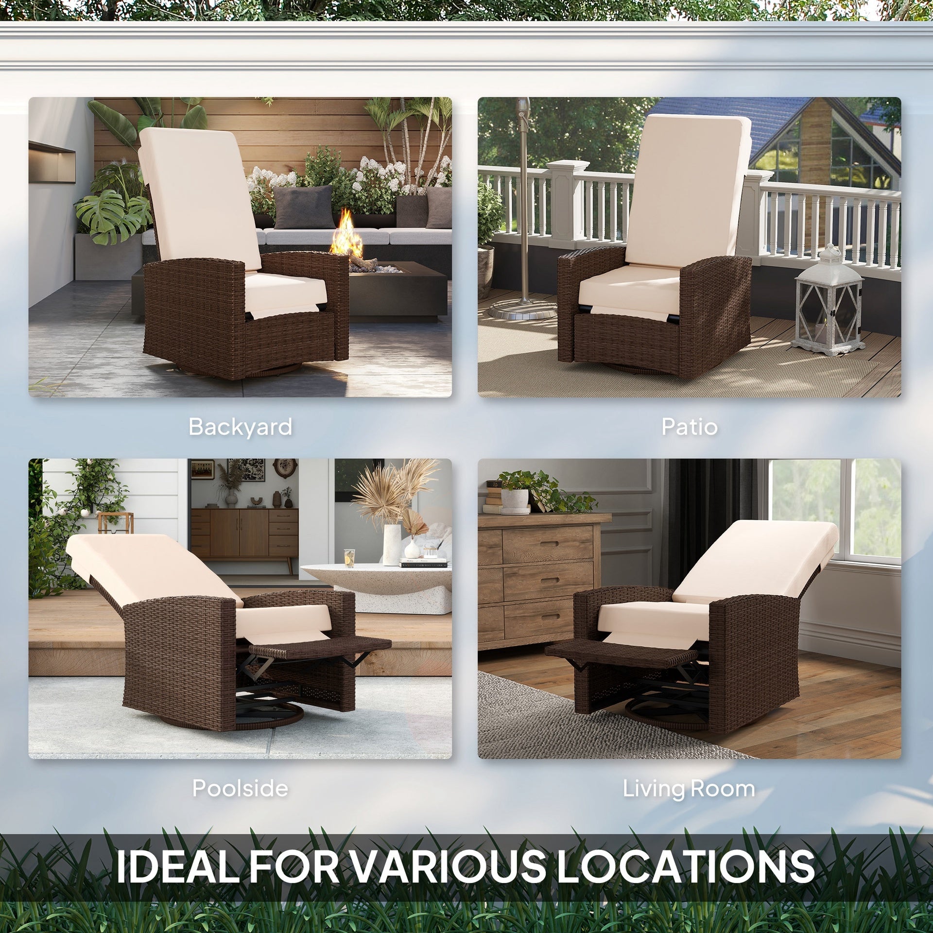 Outsunny Outdoor Wicker Swivel Recliner Chair, Lifting Footrest, 360° Rotating Basic, Water-resistant Cushions, Cream White