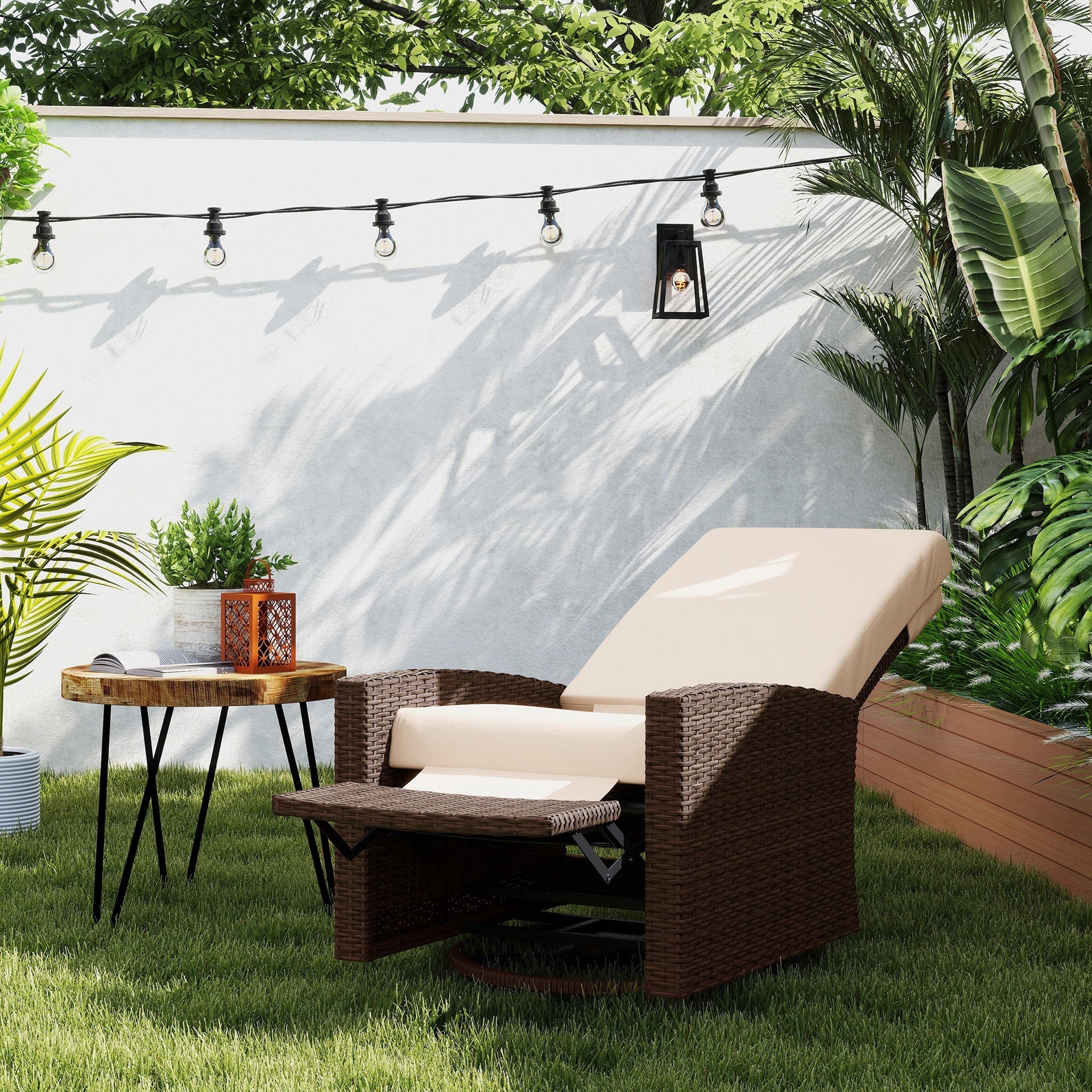 Outsunny Outdoor Wicker Swivel Recliner Chair, Lifting Footrest, 360° Rotating Basic, Water-resistant Cushions, Cream White