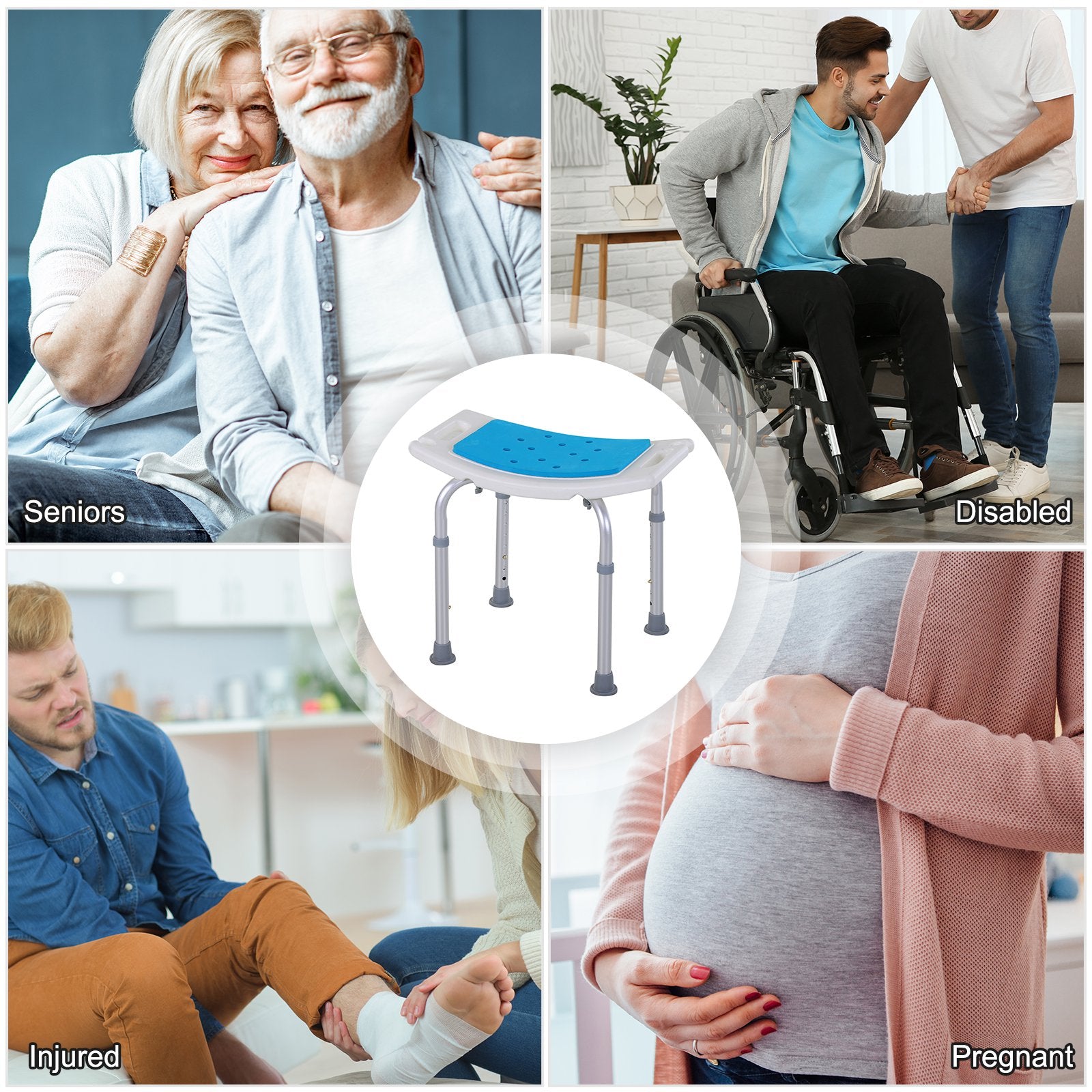 HOMCOM Adjustable Aluminum Bath Stool Spa Shower Chair Non-Slip w/ Shower Hole