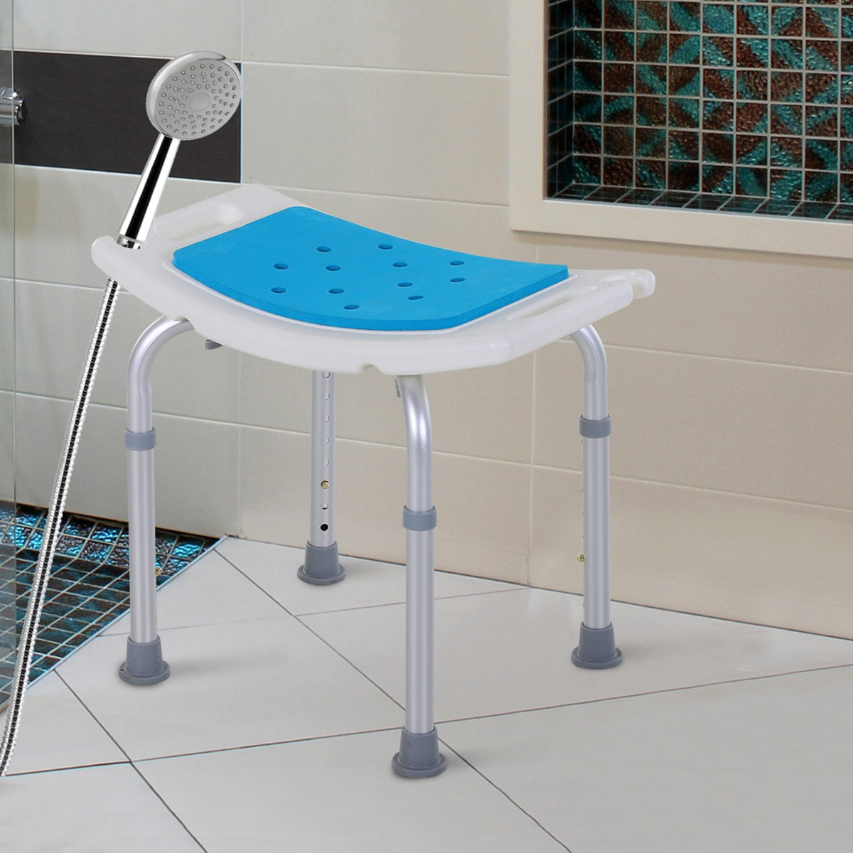 HOMCOM Adjustable Aluminum Bath Stool Spa Shower Chair Non-Slip w/ Shower Hole