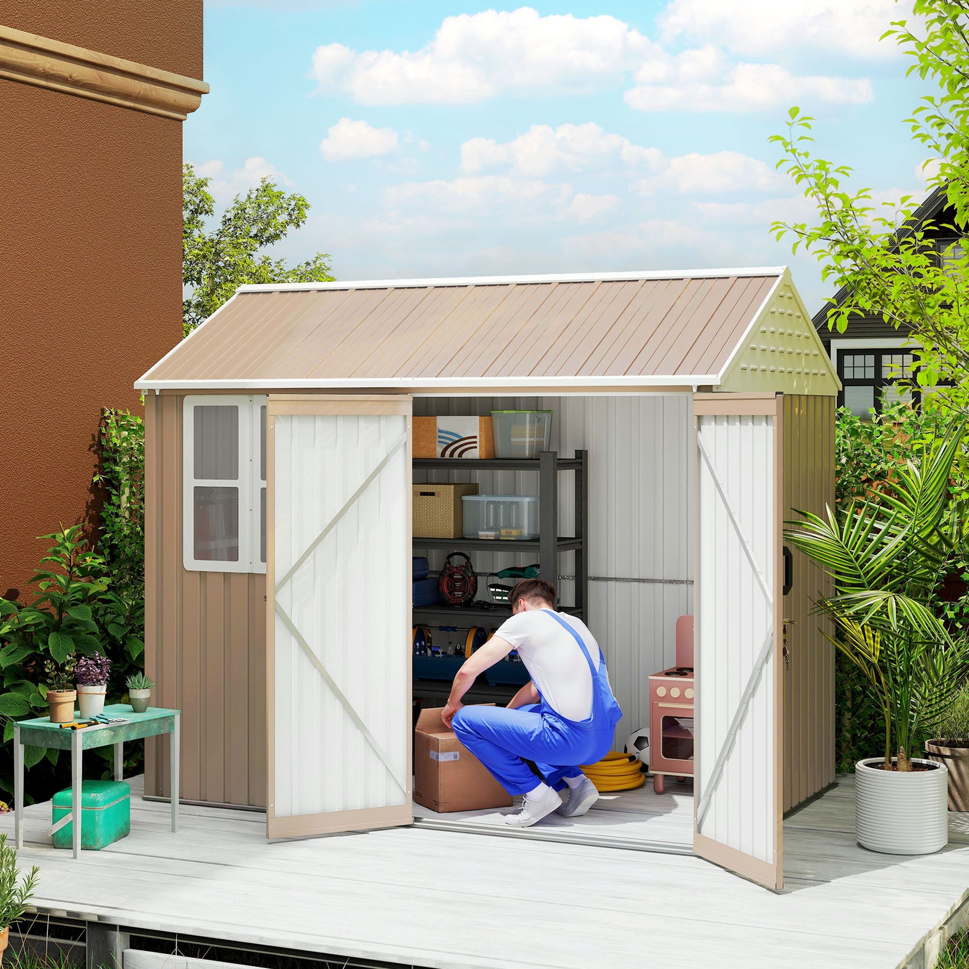 Outsunny 8' x 6' Metal Garden Storage Shed, Extra Large Outdoor Tool Storage House w/ Doors, Window and Air Vents, Brown