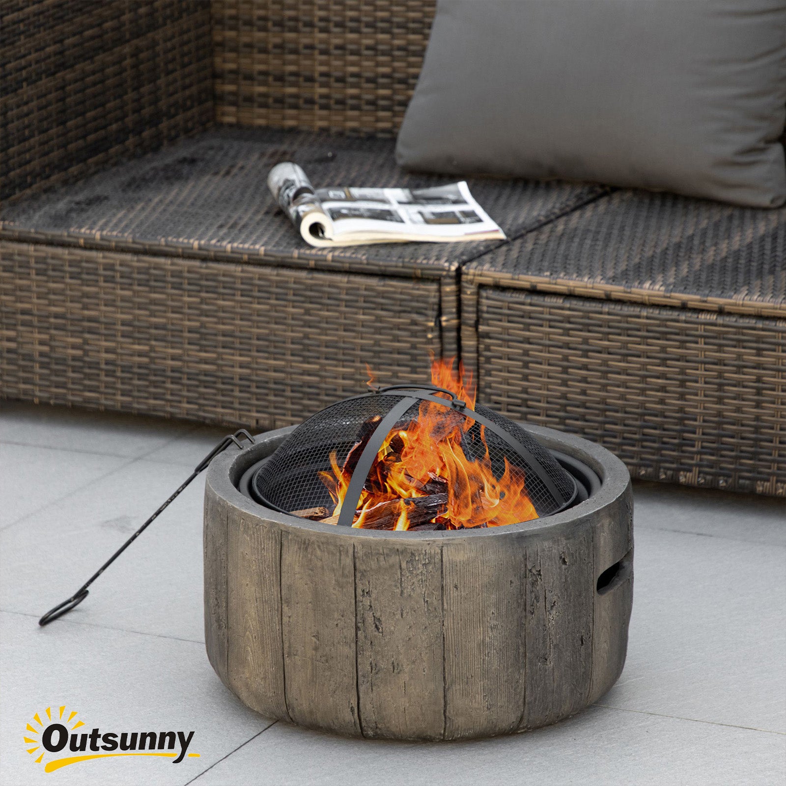 Outsunny Outdoor Fire Pit, 18 Inch Metal Wood Burning Fireplace with Spark Cover, Poker, Woodgrain Design for Patio, Picnic, Backyard, Dark Brown