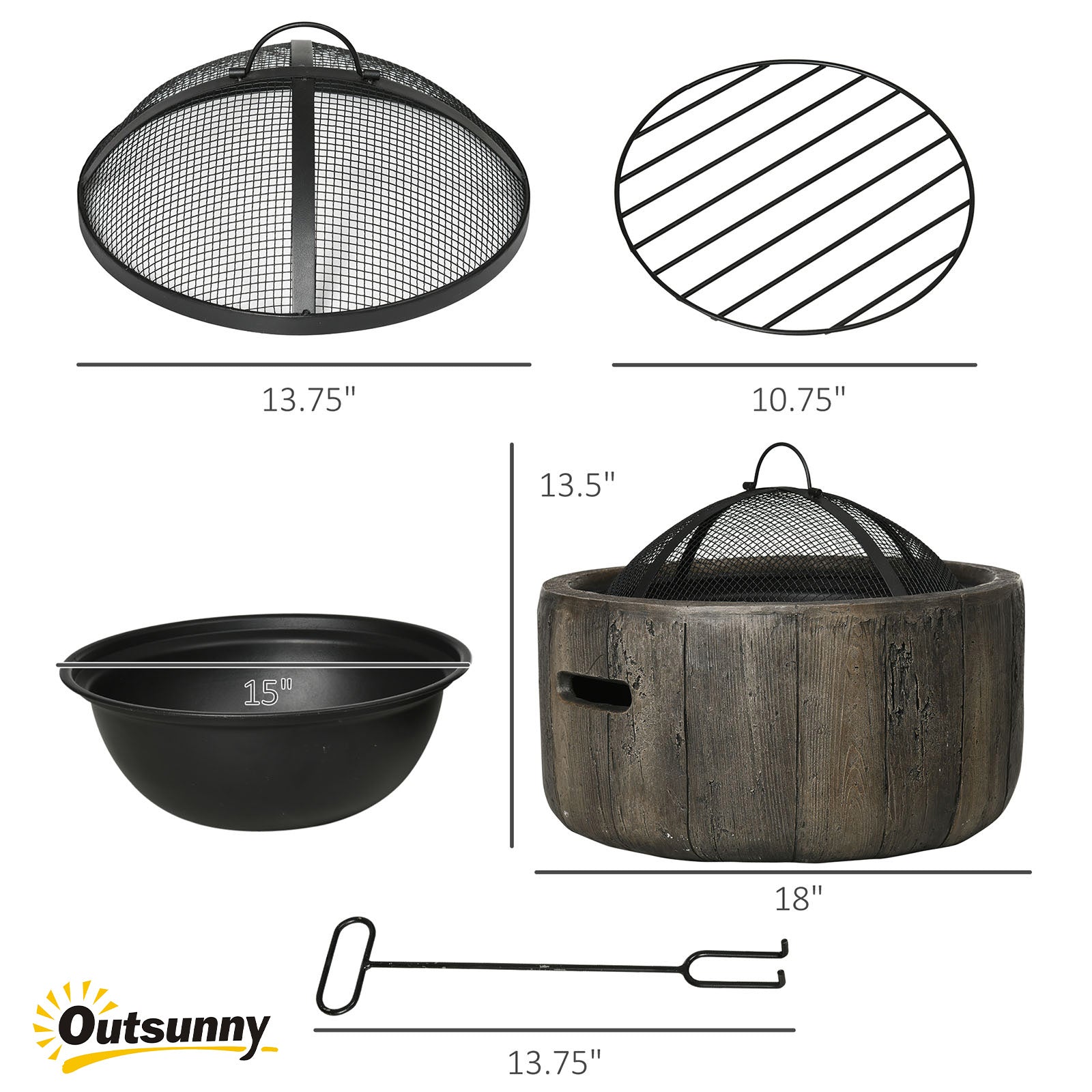 Outsunny Outdoor Fire Pit, 18 Inch Metal Wood Burning Fireplace with Spark Cover, Poker, Woodgrain Design for Patio, Picnic, Backyard, Dark Brown