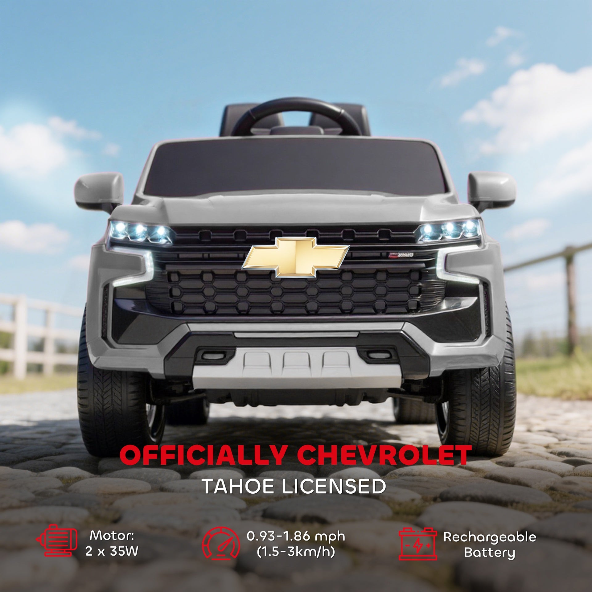 Aosom Licensed Chevrolet Tahoe Ride On Car, 12V 7AH Battery Power Ride On Toy with Parent Remote Control, LED Lights, Music, 4 Wheeler Suspension, 3 Speeds, Kids Electric Vehicle for Aged 3+, Gray