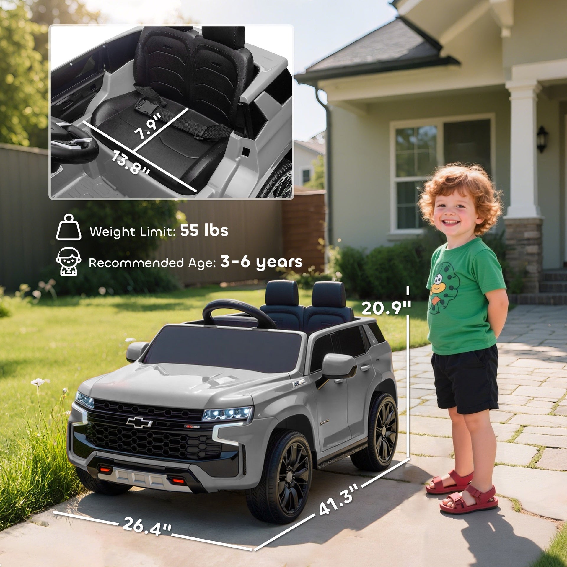 Aosom Licensed Chevrolet Tahoe Ride On Car, 12V 7AH Battery Power Ride On Toy with Parent Remote Control, LED Lights, Music, 4 Wheeler Suspension, 3 Speeds, Kids Electric Vehicle for Aged 3+, Gray