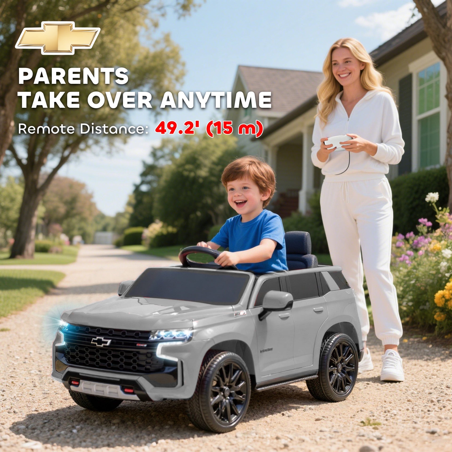 Aosom Licensed Chevrolet Tahoe Ride On Car, 12V 7AH Battery Power Ride On Toy with Parent Remote Control, LED Lights, Music, 4 Wheeler Suspension, 3 Speeds, Kids Electric Vehicle for Aged 3+, Gray