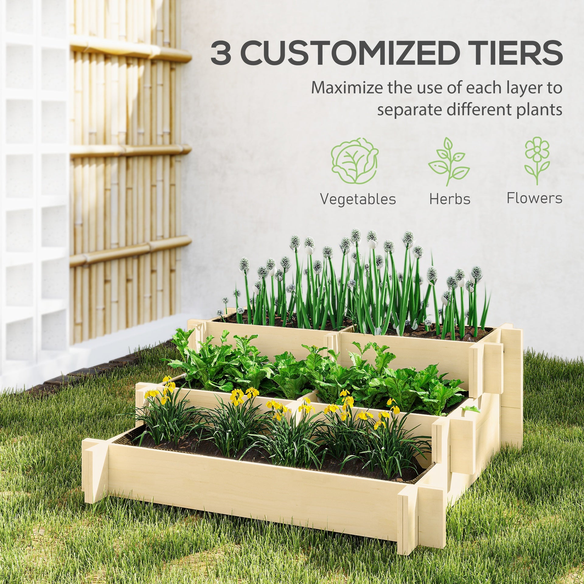 Outsunny 3 Tier Raised Garden Bed, Water Draining Fabric for Soil, Elevated Wood Flower Box for Vegetables, Herbs, Natural