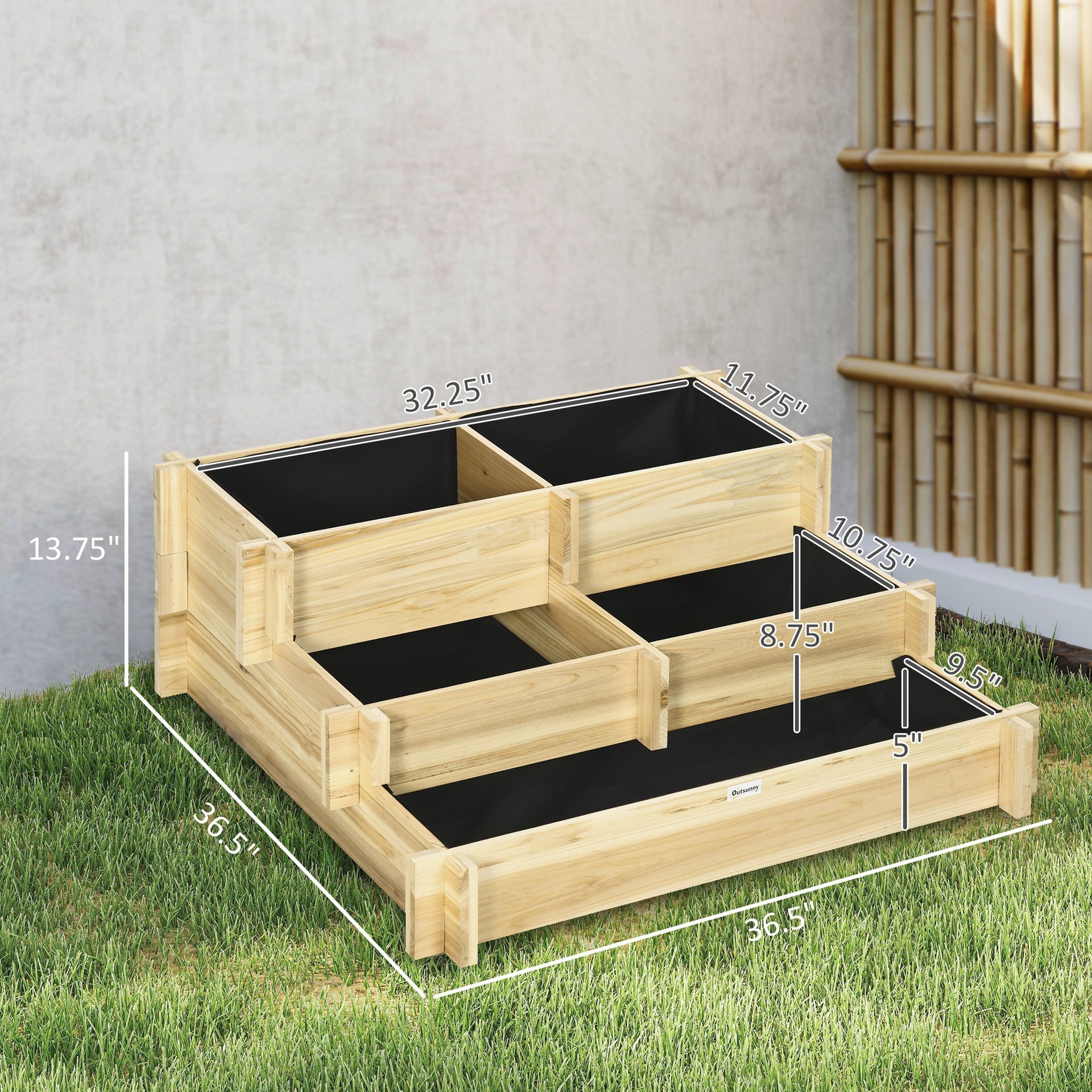 Outsunny 3 Tier Raised Garden Bed, Water Draining Fabric for Soil, Elevated Wood Flower Box for Vegetables, Herbs, Natural