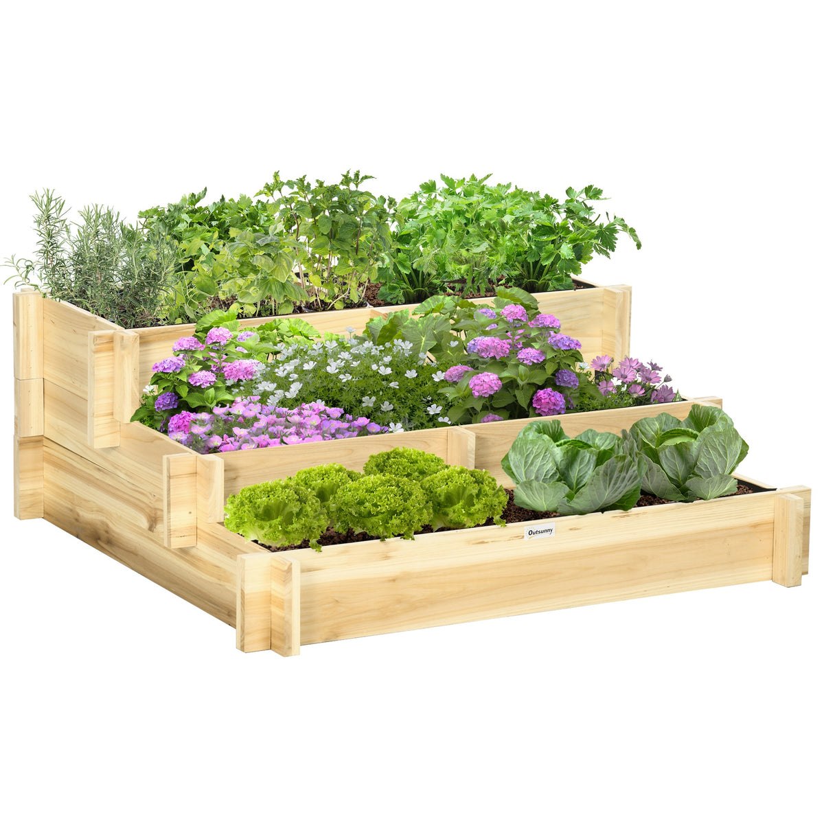 Outsunny 3 Tier Raised Garden Bed, Water Draining Fabric for Soil, Elevated Wood Flower Box for Vegetables, Herbs, Natural