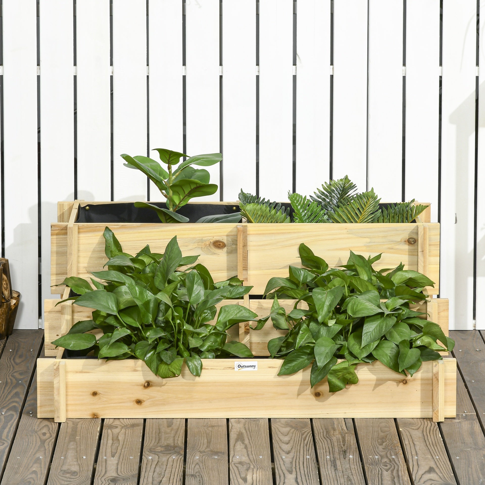 Outsunny 3 Tier Raised Garden Bed, Water Draining Fabric for Soil, Elevated Wood Flower Box for Vegetables, Herbs, Natural