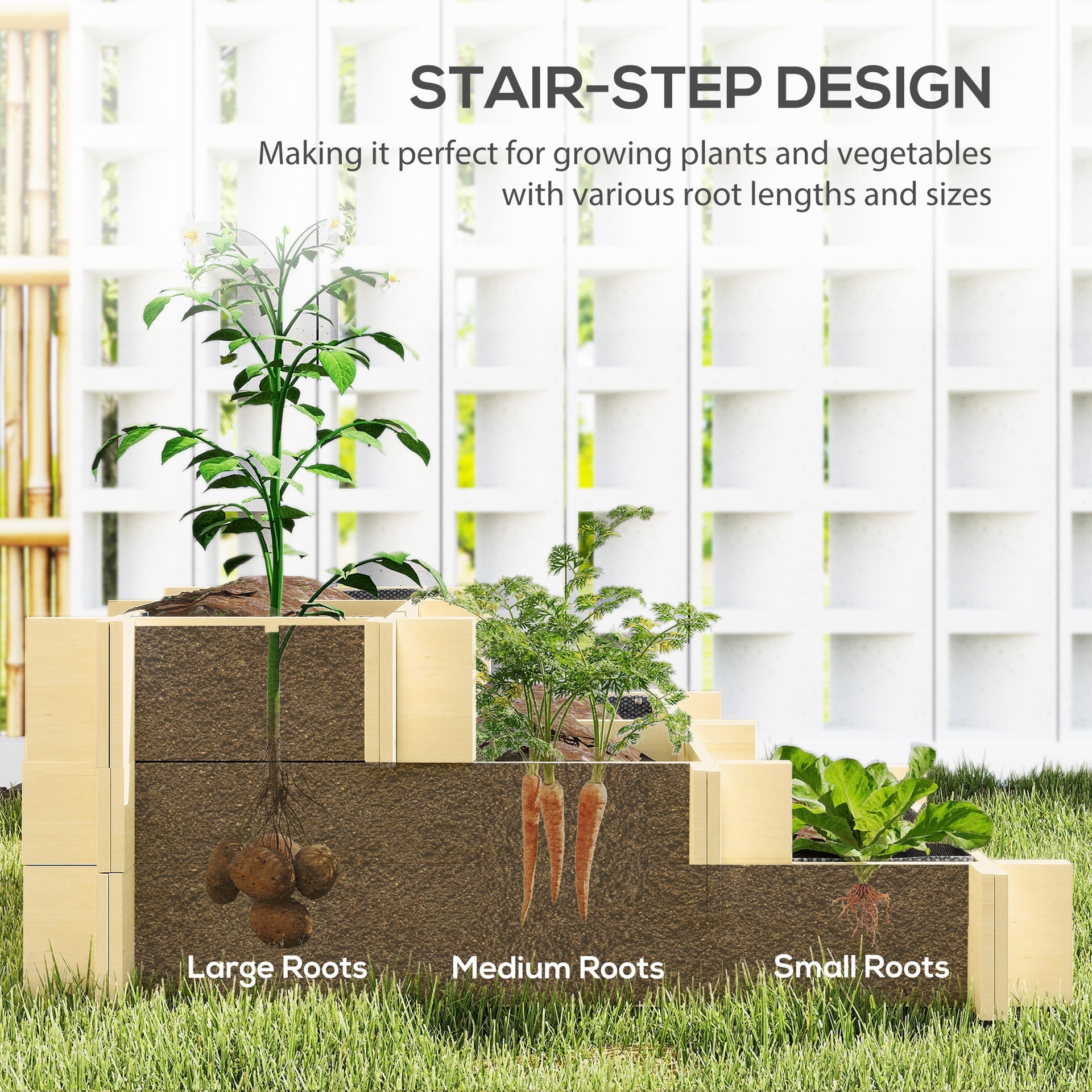 Outsunny 3 Tier Raised Garden Bed, Water Draining Fabric for Soil, Elevated Wood Flower Box for Vegetables, Herbs, Natural