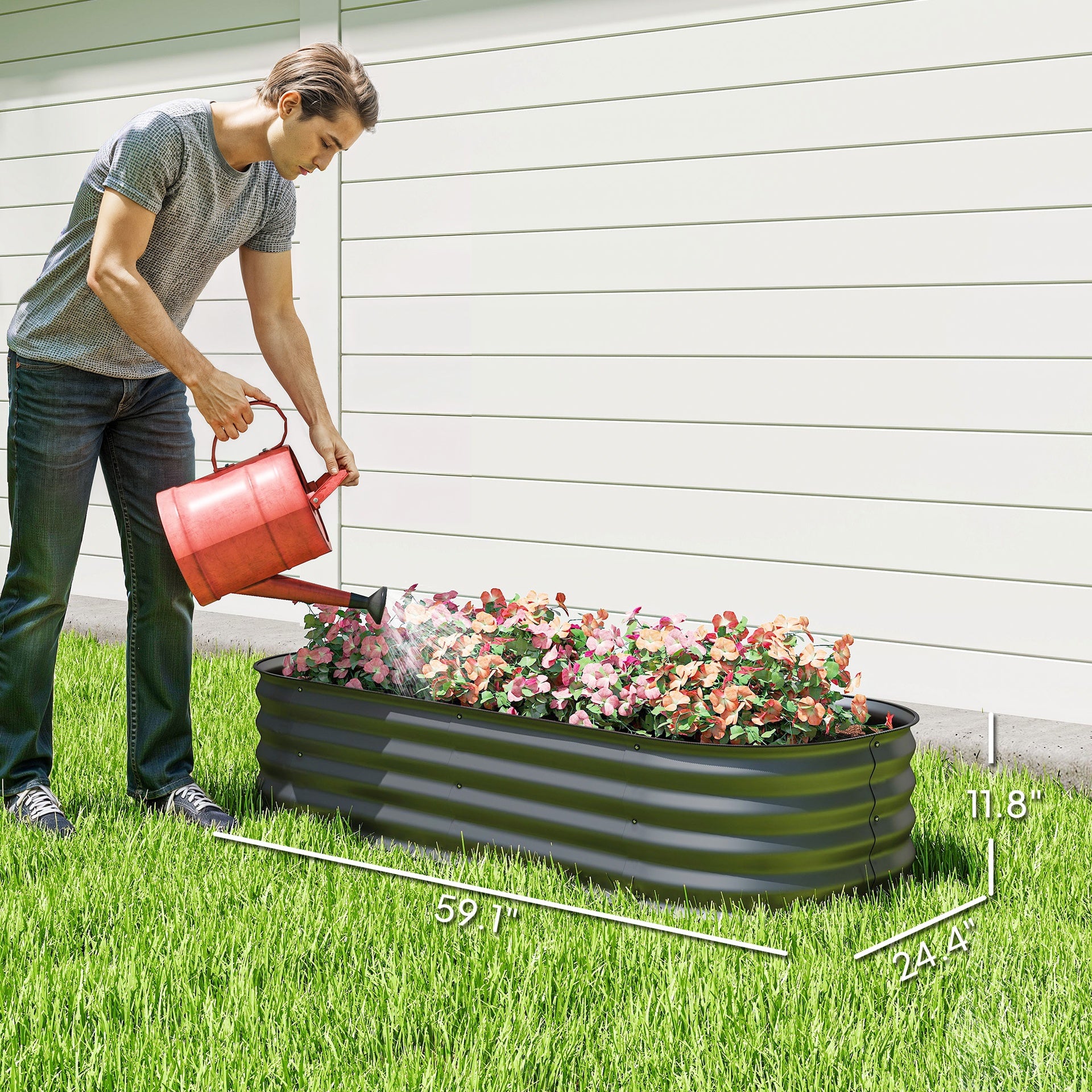 Outsunny 4.9' x 2' x 1' Galvanized Raised Garden Bed Kit, Metal Planter Box with Safety Edging, Dark Gray