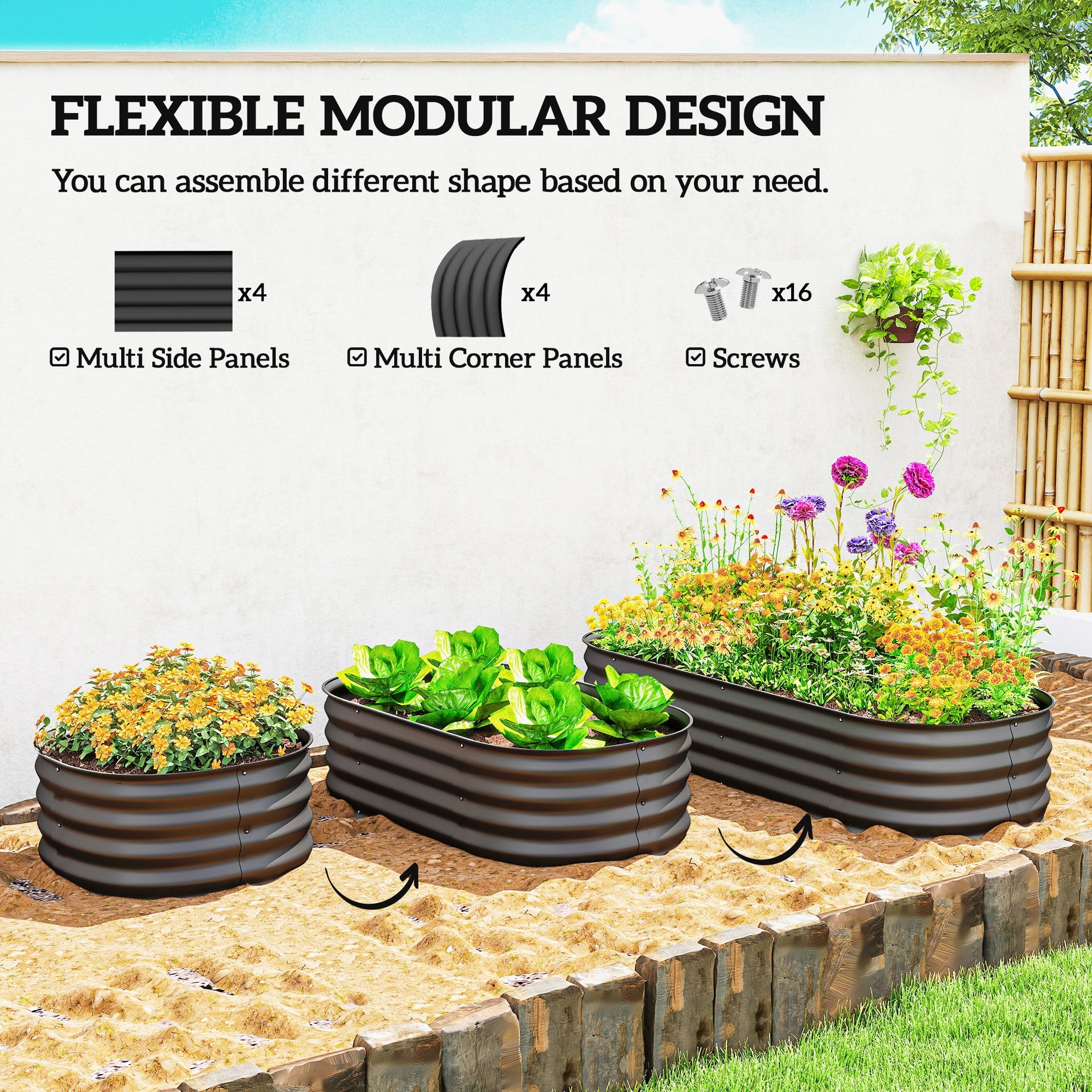Outsunny 4.9' x 2' x 1' Galvanized Raised Garden Bed Kit, Metal Planter Box with Safety Edging, Dark Gray