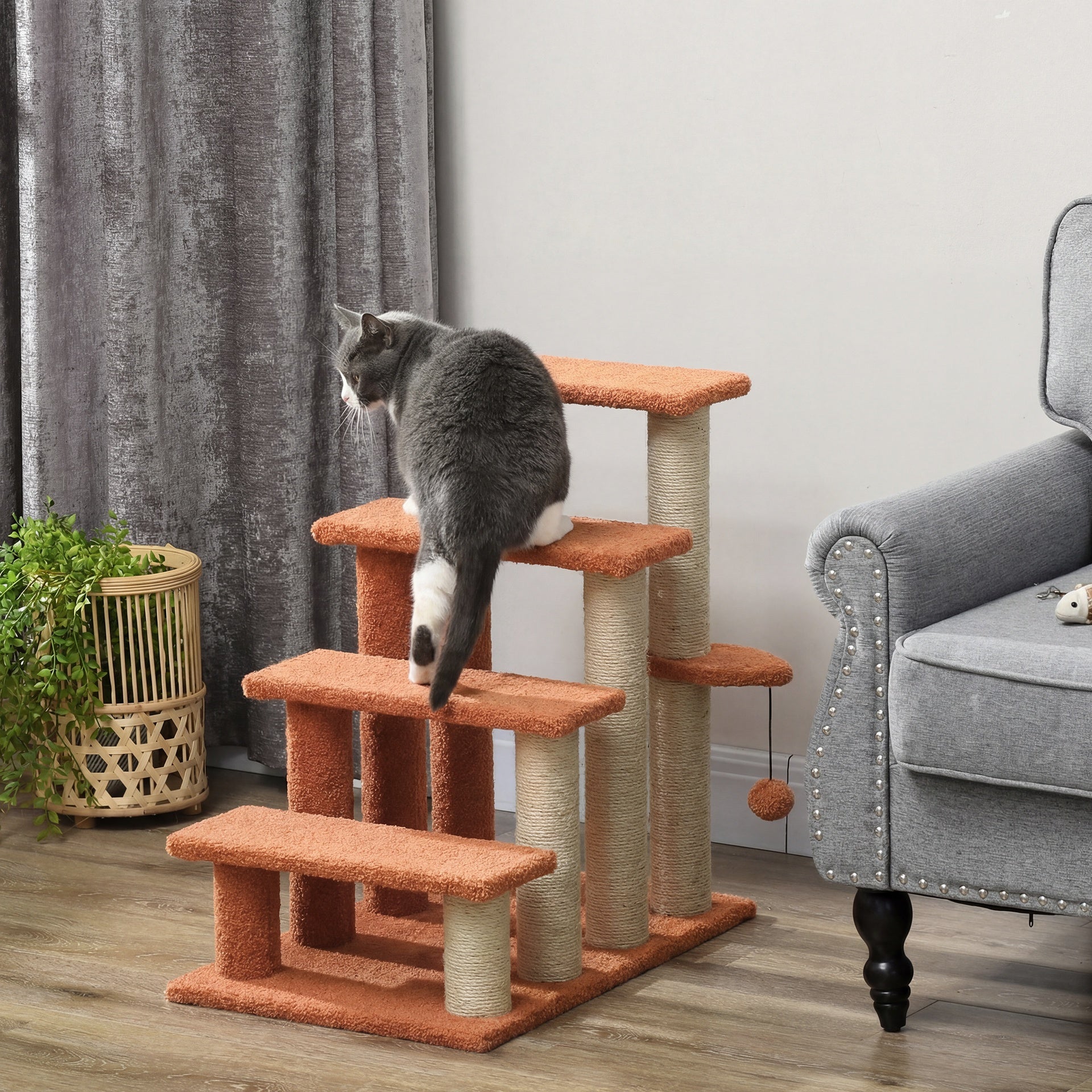 PawHut 4 Levels Cat Steps with Scratching Posts for High Bed, Sofa, Brown