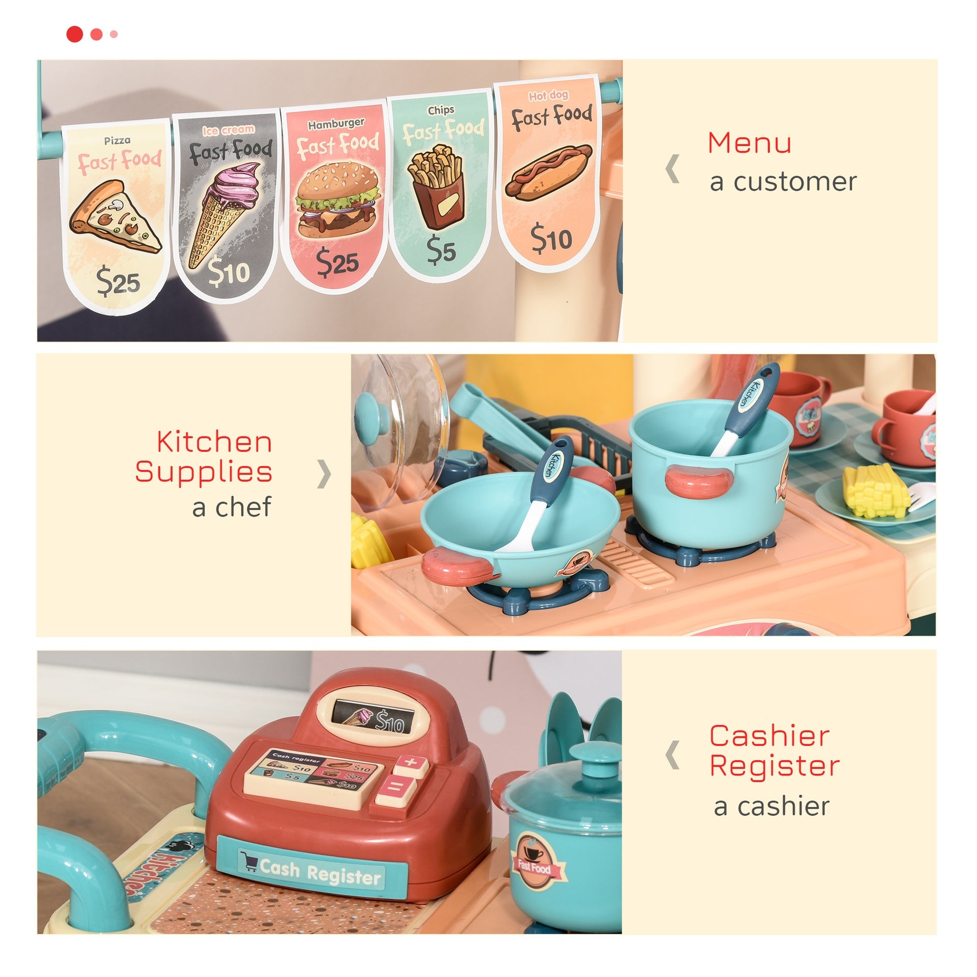 Qaba Kids Kitchen Food Stand with Play Food, Cashier Register, Accessories Ages 3-6