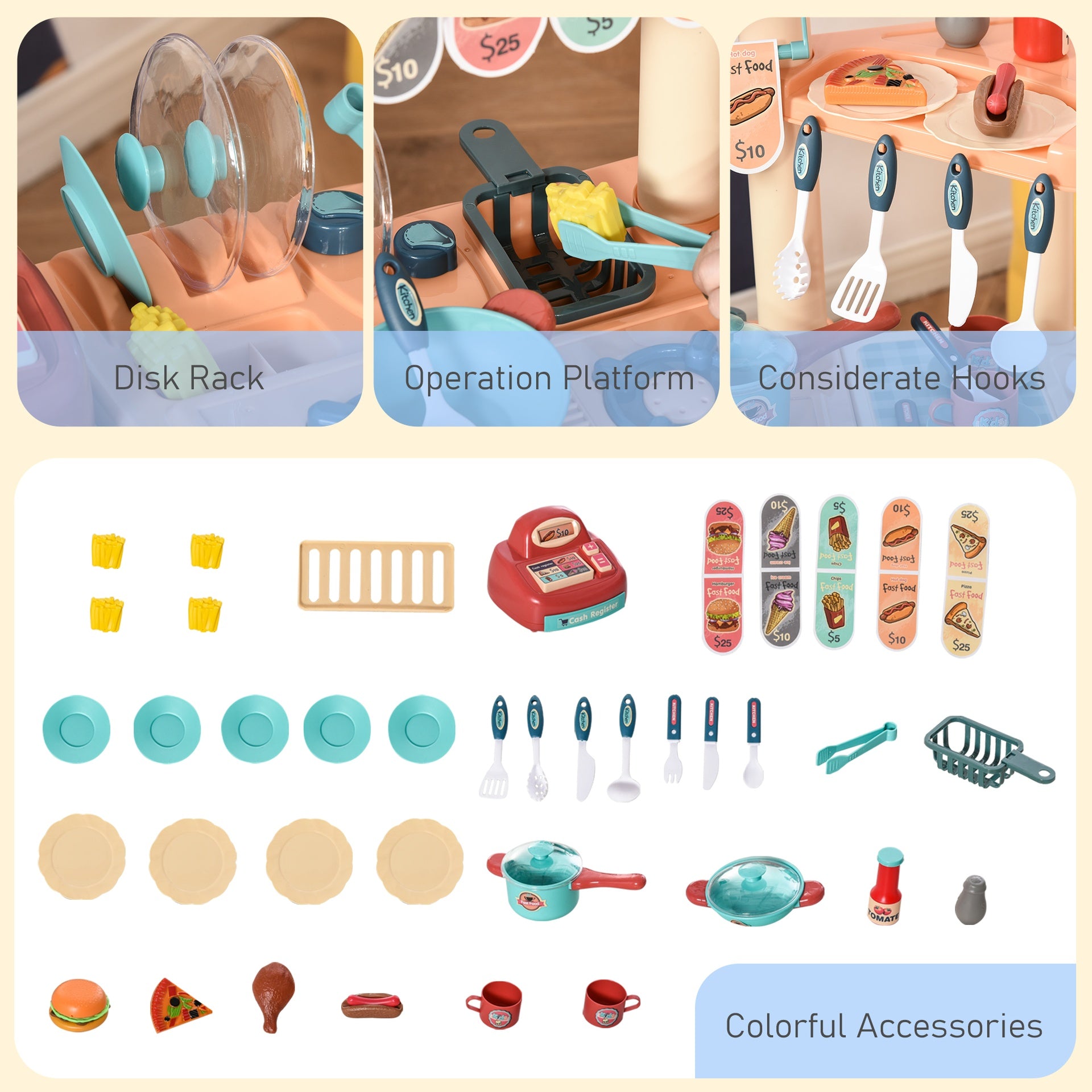 Qaba Kids Kitchen Food Stand with Play Food, Cashier Register, Accessories Ages 3-6