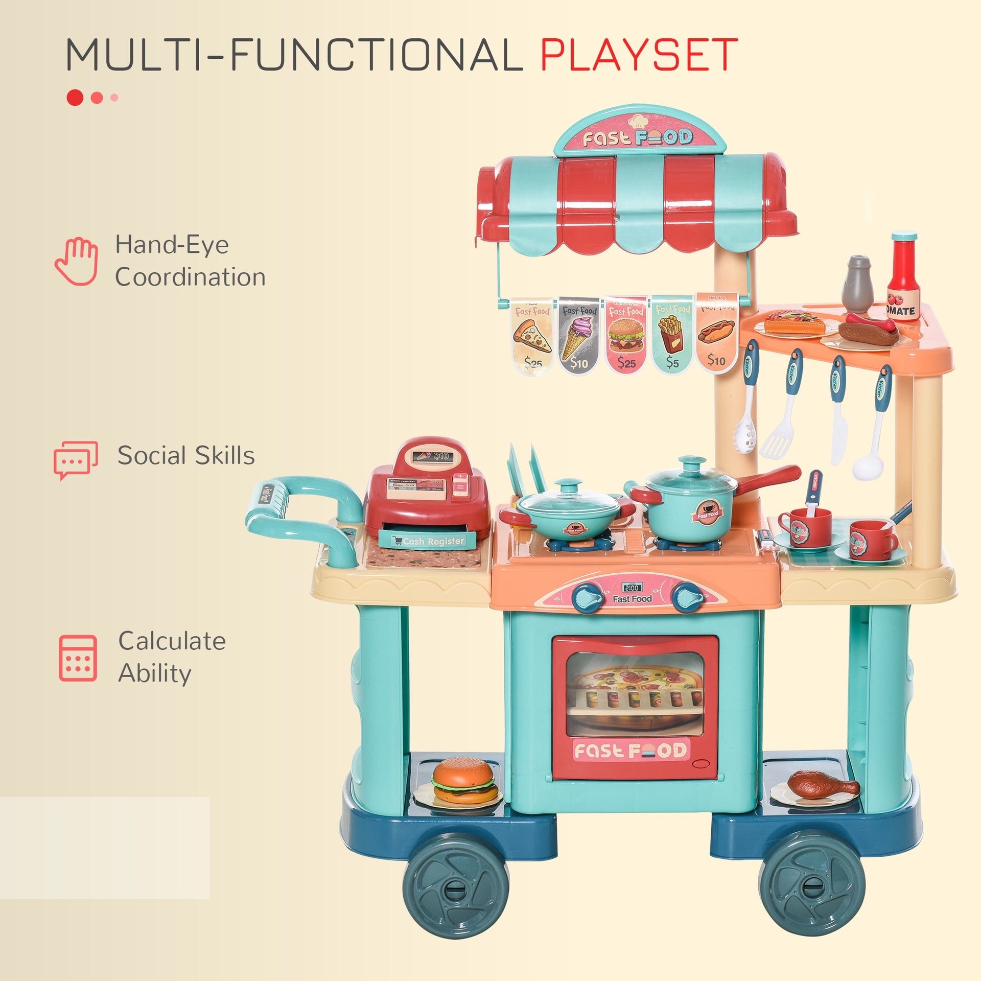 Qaba Kids Kitchen Food Stand with Play Food, Cashier Register, Accessories Ages 3-6