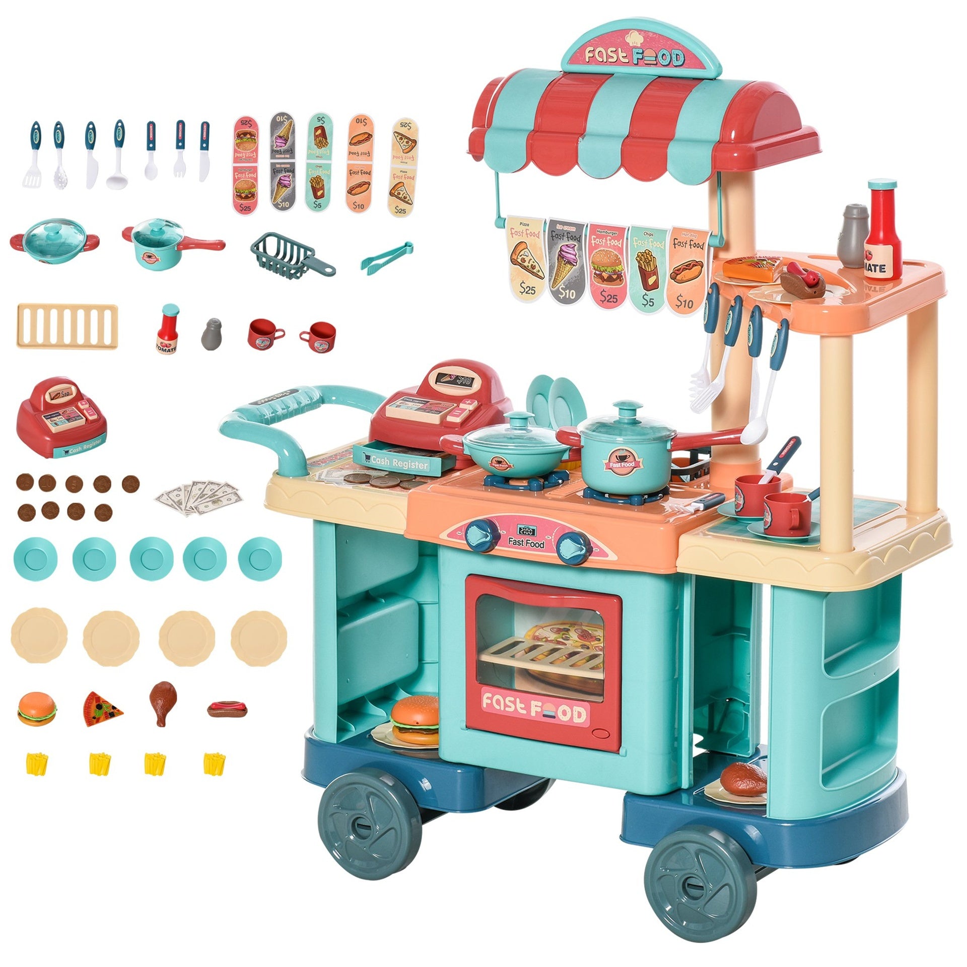 Qaba Kids Kitchen Food Stand with Play Food, Cashier Register, Accessories Ages 3-6