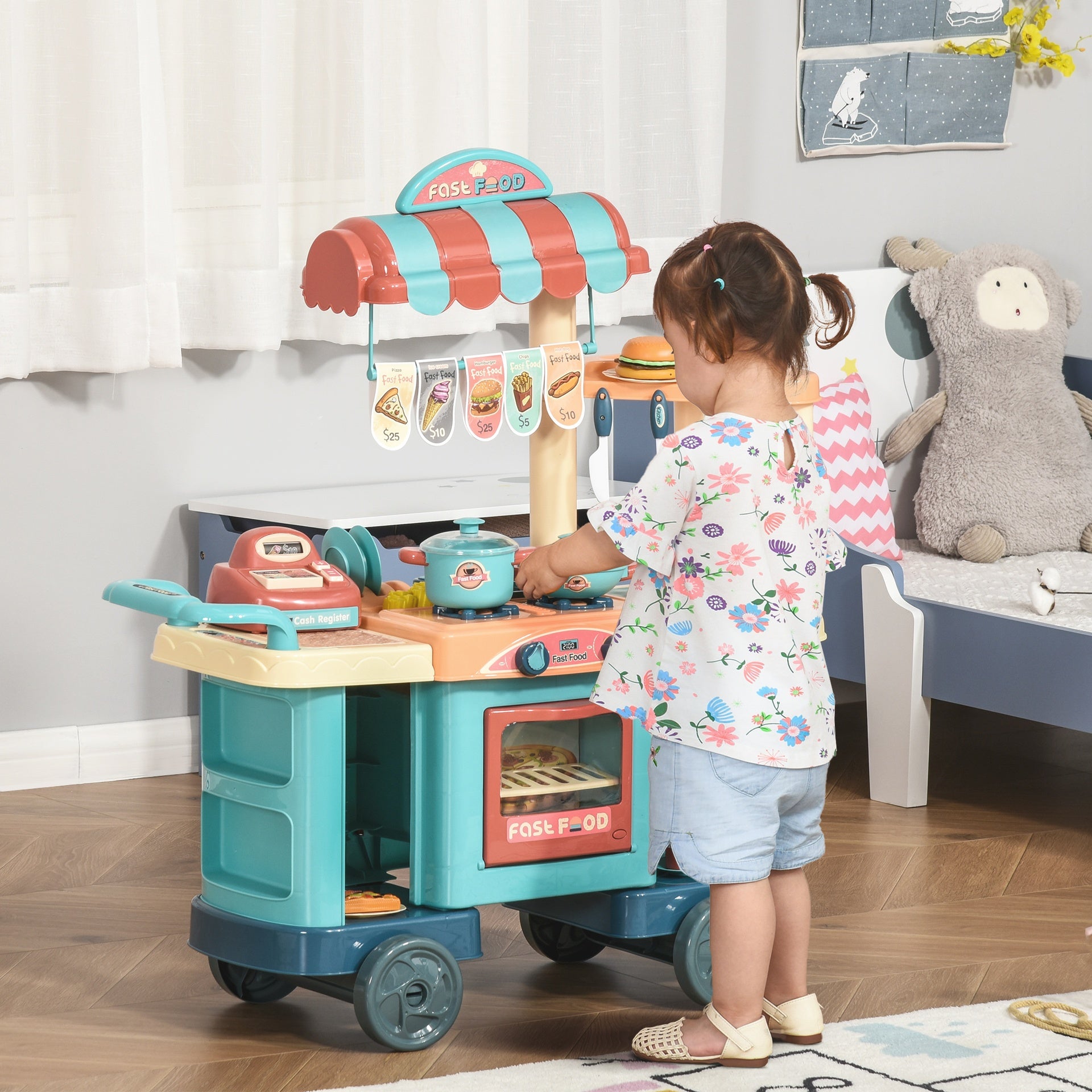 Qaba Kids Kitchen Food Stand with Play Food, Cashier Register, Accessories Ages 3-6