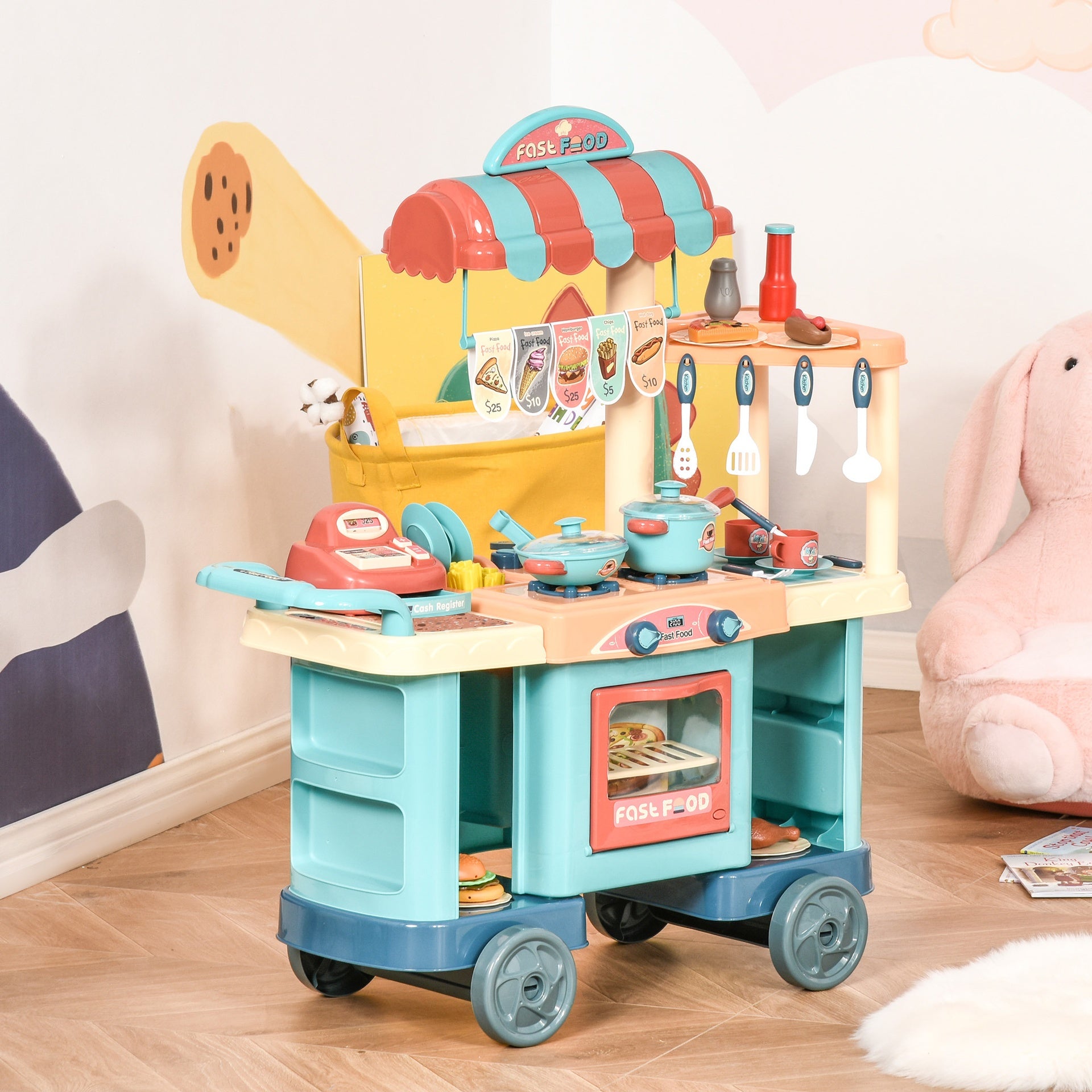 Qaba Kids Kitchen Food Stand with Play Food, Cashier Register, Accessories Ages 3-6