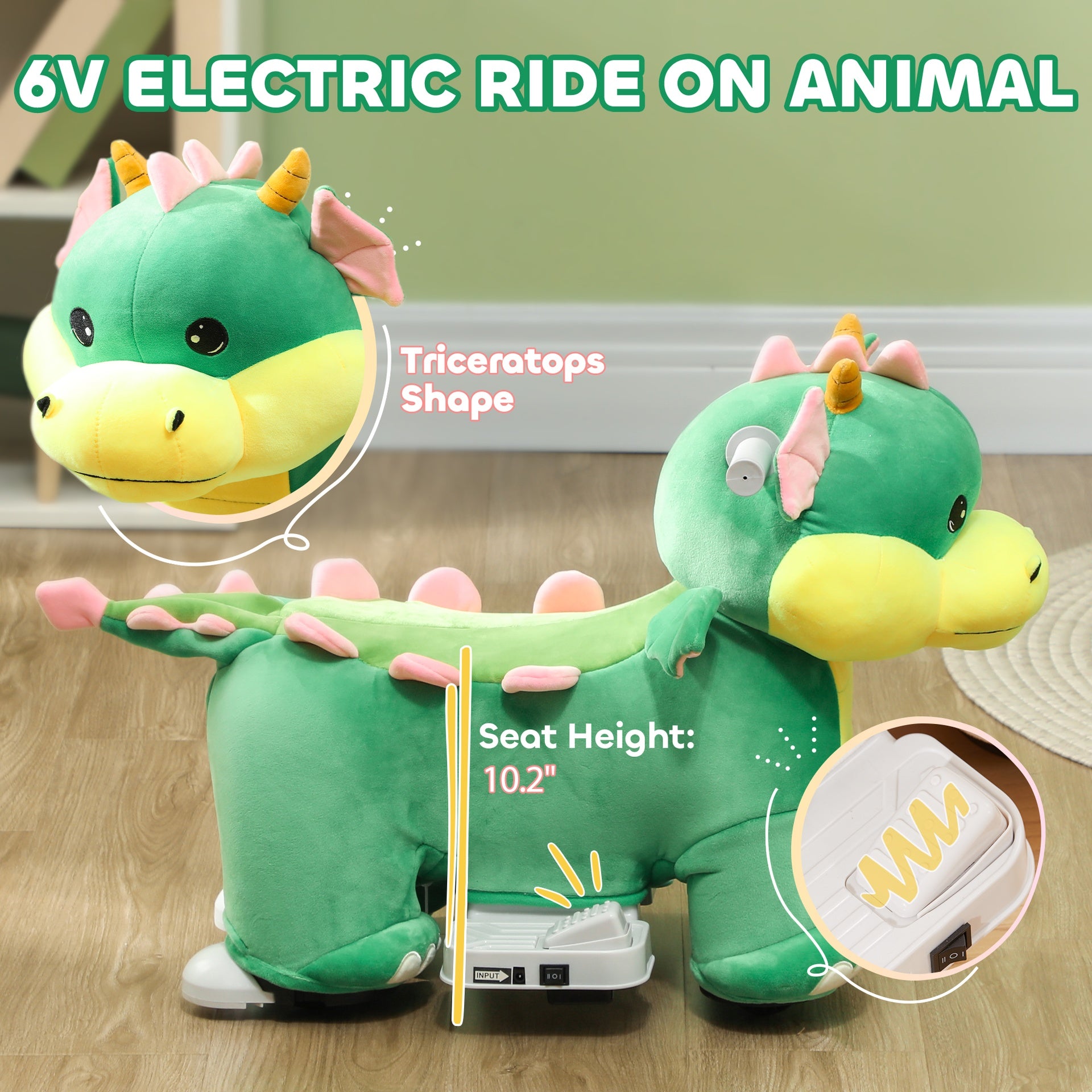 Qaba Battery Powered Ride on Toy, 6V Ride on Horse with Music Forward, PU Wheels, for 18-36 Months, Green
