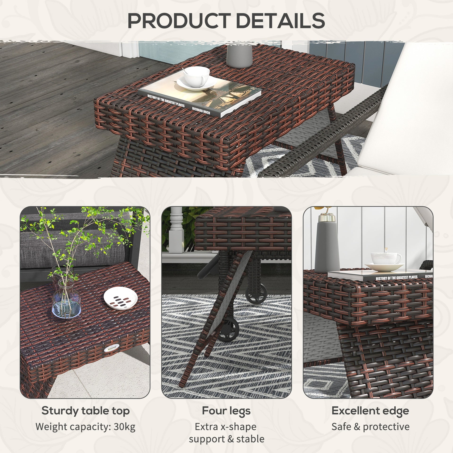 Outsunny Folding Rattan Side Table, Outdoor End Table, Hand Woven PE Rattan Coffee Table for Balcony, Backyard, Garden, Lawn, Courtyard, Brown, 23.5" x 16.25" x 16.25"