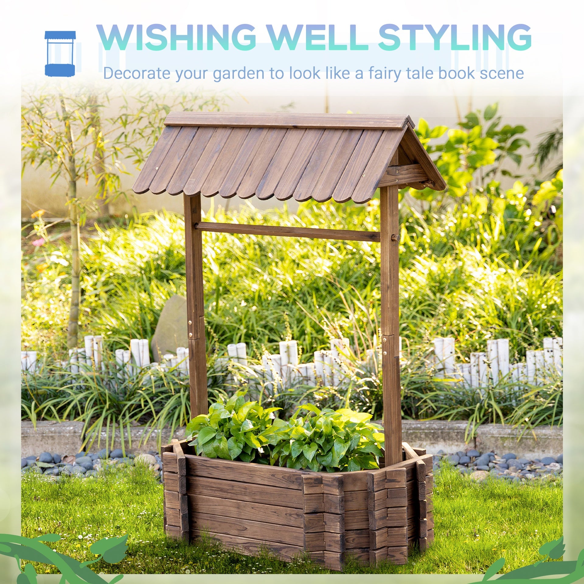 Outsunny Wooden Wishing Well Raised Garden Bed, Ornamental Outdoor Flower Planter for flowers, herbs, vegetables, Rustic Brown