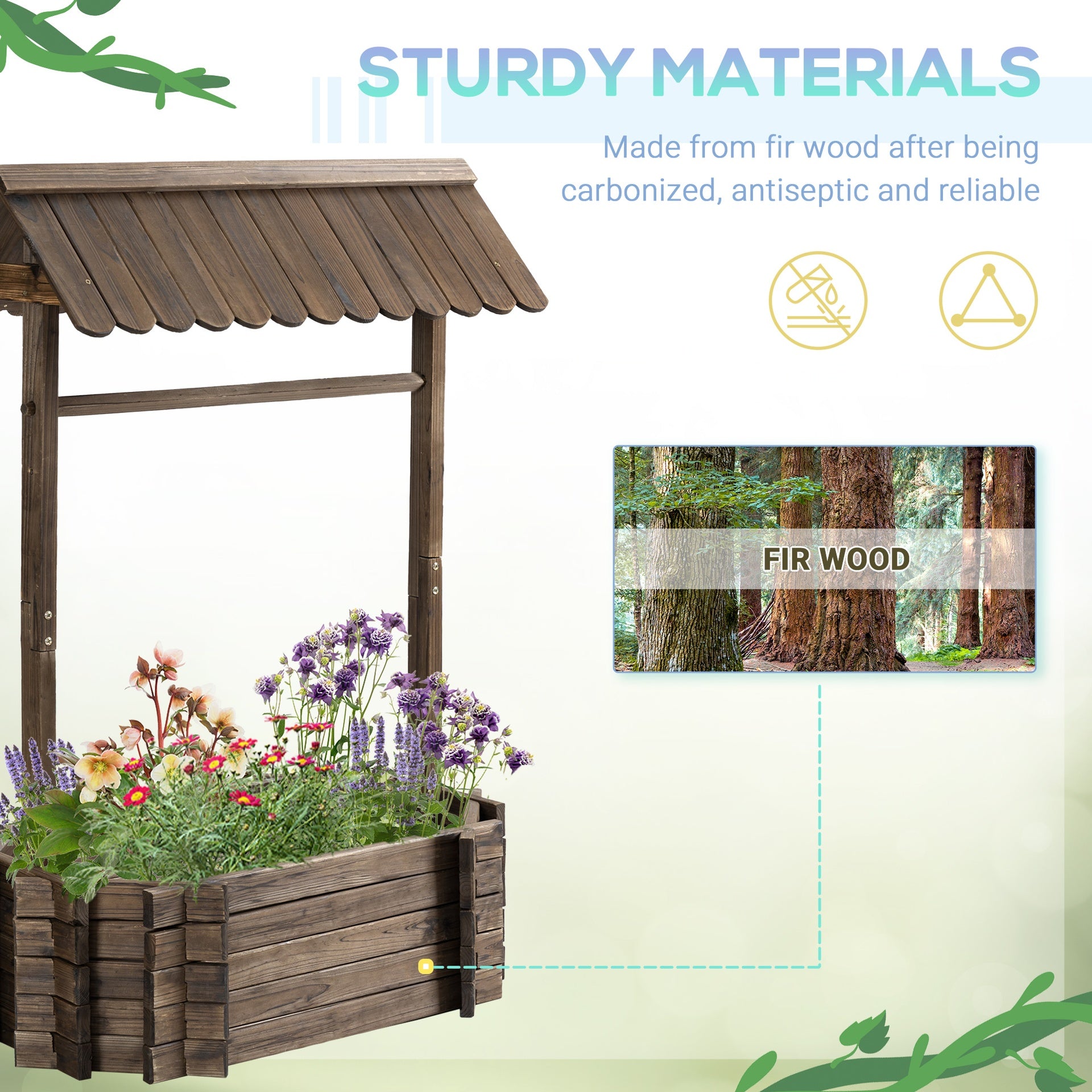 Outsunny Wooden Wishing Well Raised Garden Bed, Ornamental Outdoor Flower Planter for flowers, herbs, vegetables, Rustic Brown