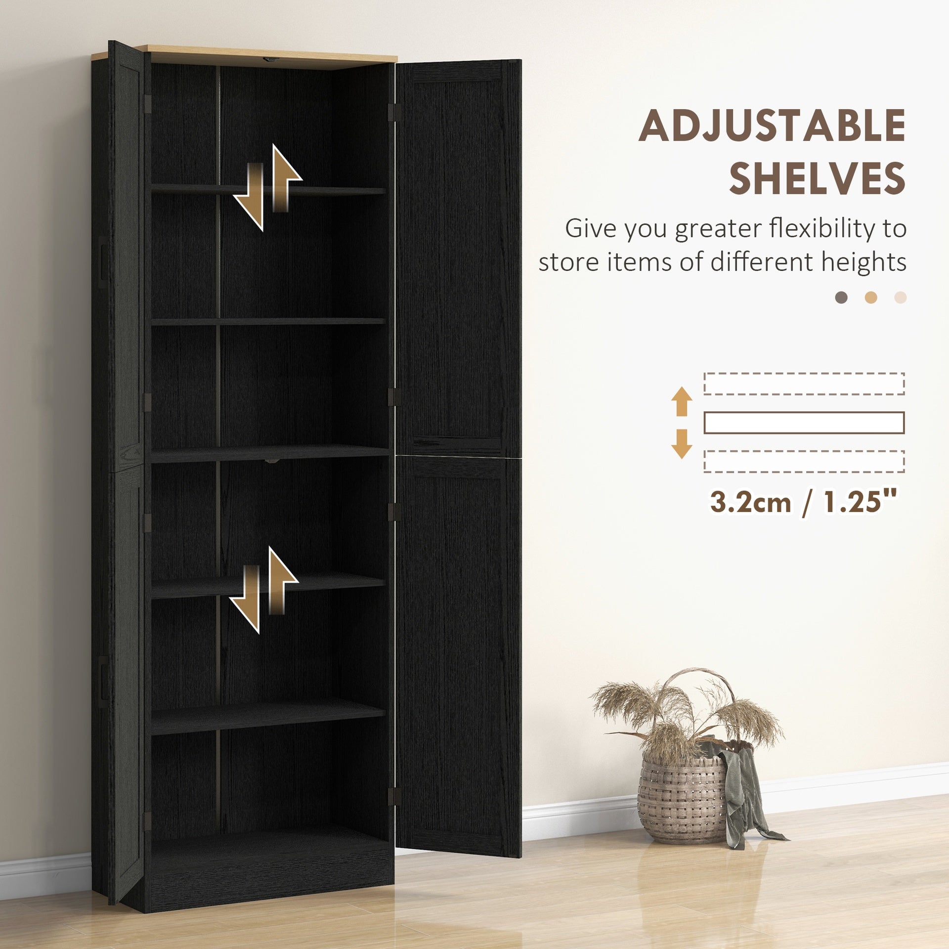 HOMCOM Freestanding Kitchen Pantry, 4-Door Kitchen Pantry Cabinet with Adjustable Shelves and Doors, Distressed Black
