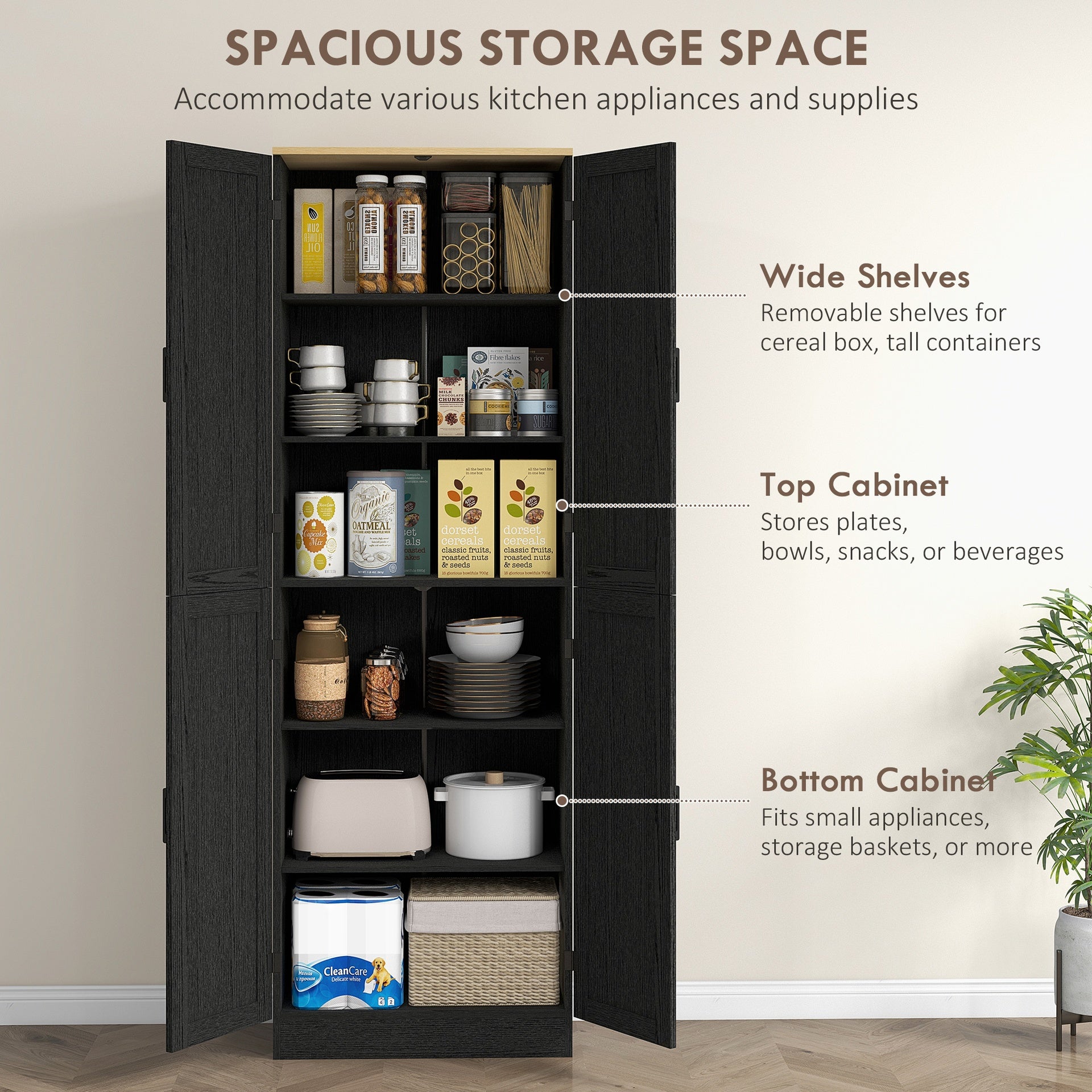 HOMCOM Freestanding Kitchen Pantry, 4-Door Kitchen Pantry Cabinet with Adjustable Shelves and Doors, Distressed Black