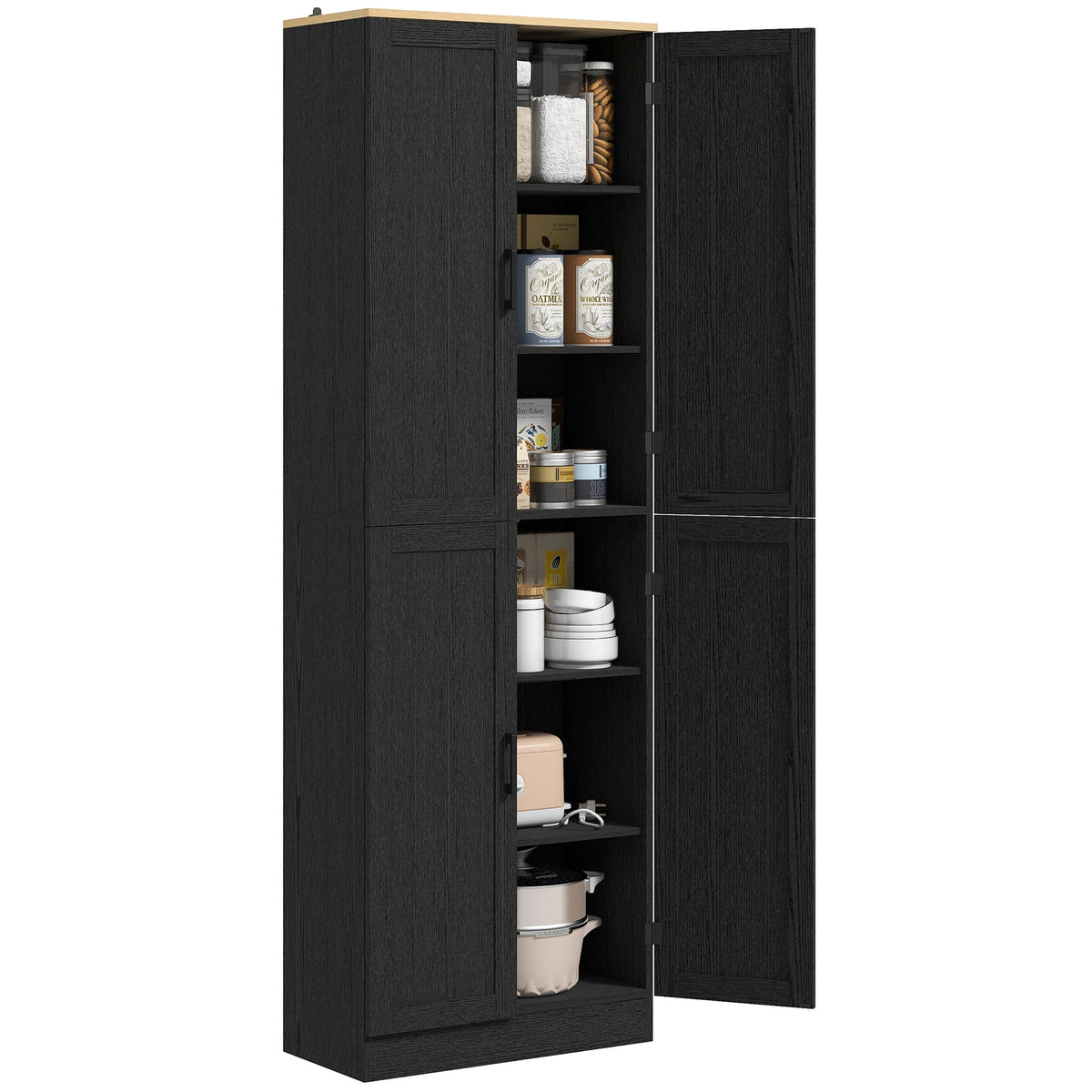 HOMCOM Freestanding Kitchen Pantry, 4-Door Kitchen Pantry Cabinet with Adjustable Shelves and Doors, Distressed Black