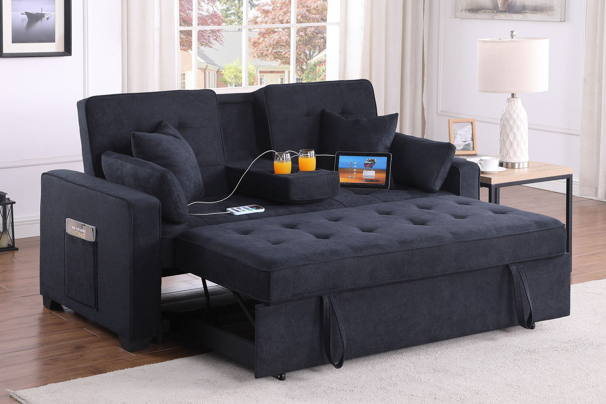 Corrado II 70"W Dark Gray Woven Fabric Convertible Sleeper Loveseat with Dropdown Console, Cup Holders, Charging Ports, Pocket, and Pocket Coil Seating