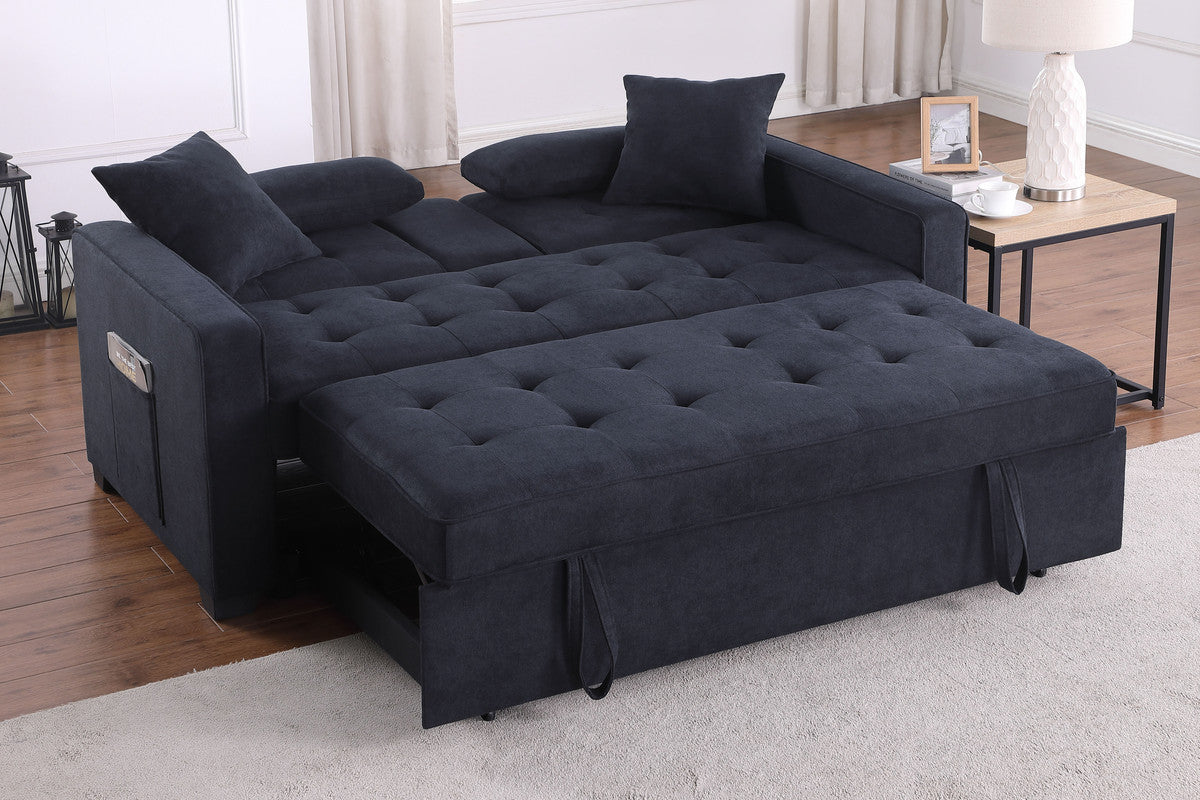 Corrado II 70"W Dark Gray Woven Fabric Convertible Sleeper Loveseat with Dropdown Console, Cup Holders, Charging Ports, Pocket, and Pocket Coil Seating